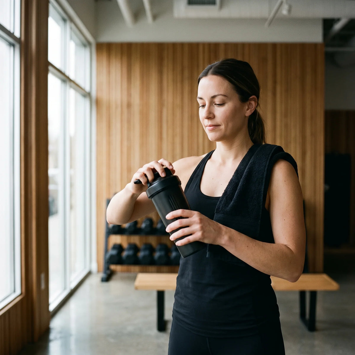 Woman shaking a shaker bottle after a workout in a wood-paneled gym