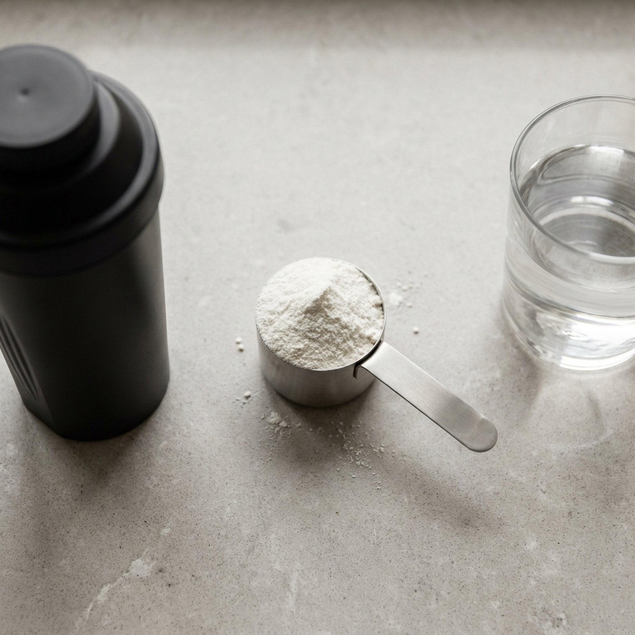Scoop of creatine monohydrate powder with a shaker and a glass of water on a kitchen counter