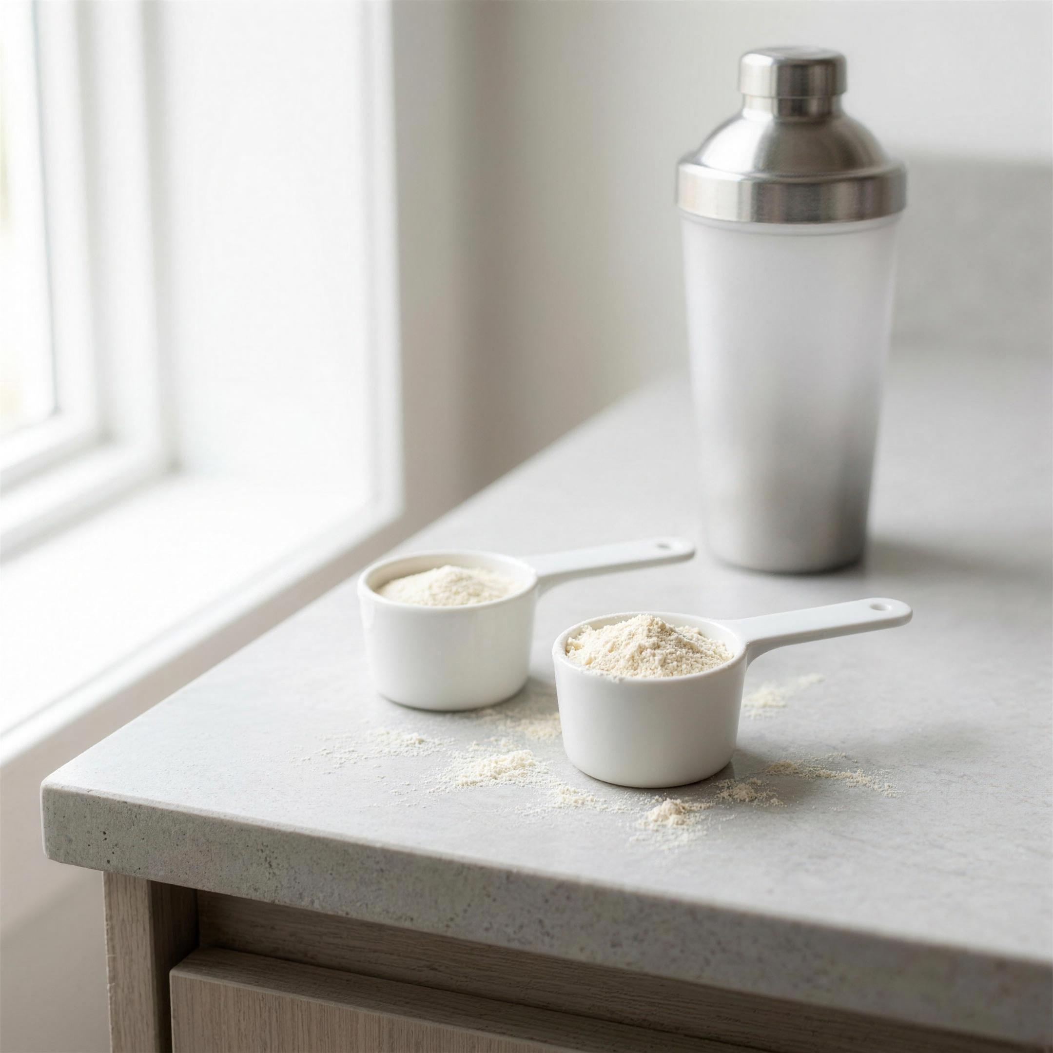 Whey isolate vs concentrate: two scoops of whey protein powder next to a shaker