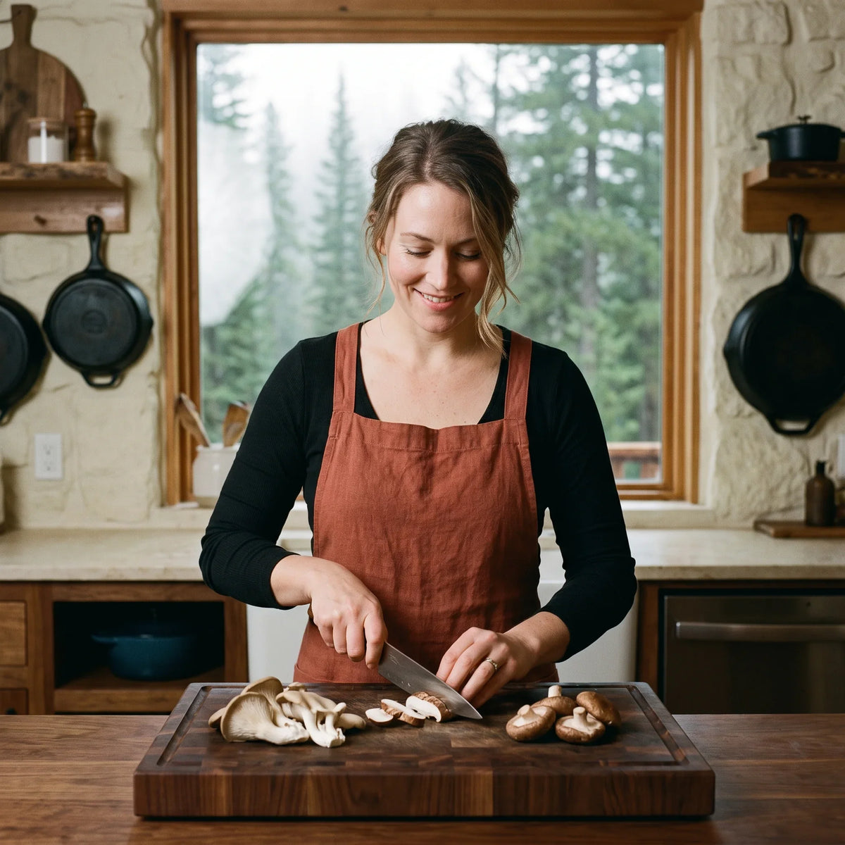 Woman slicing fresh oyster and shiitake mushrooms in a cabin kitchen