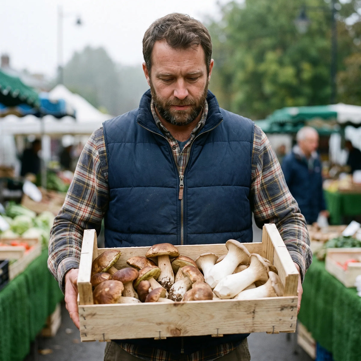 Man at a farmers market holding a crate of fresh porcini and king oyster mushrooms