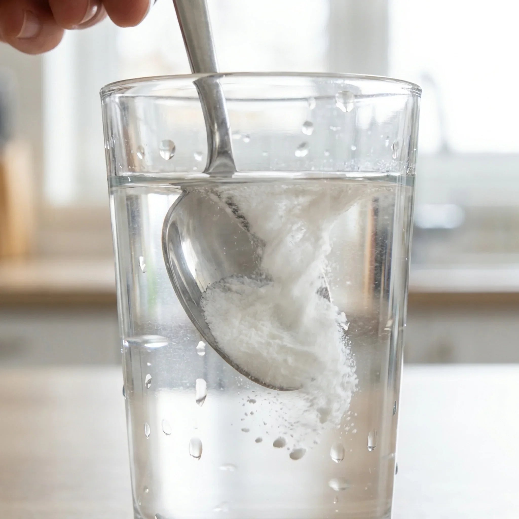 Micronized creatine powder dissolving in a glass of water, stirred with a spoon