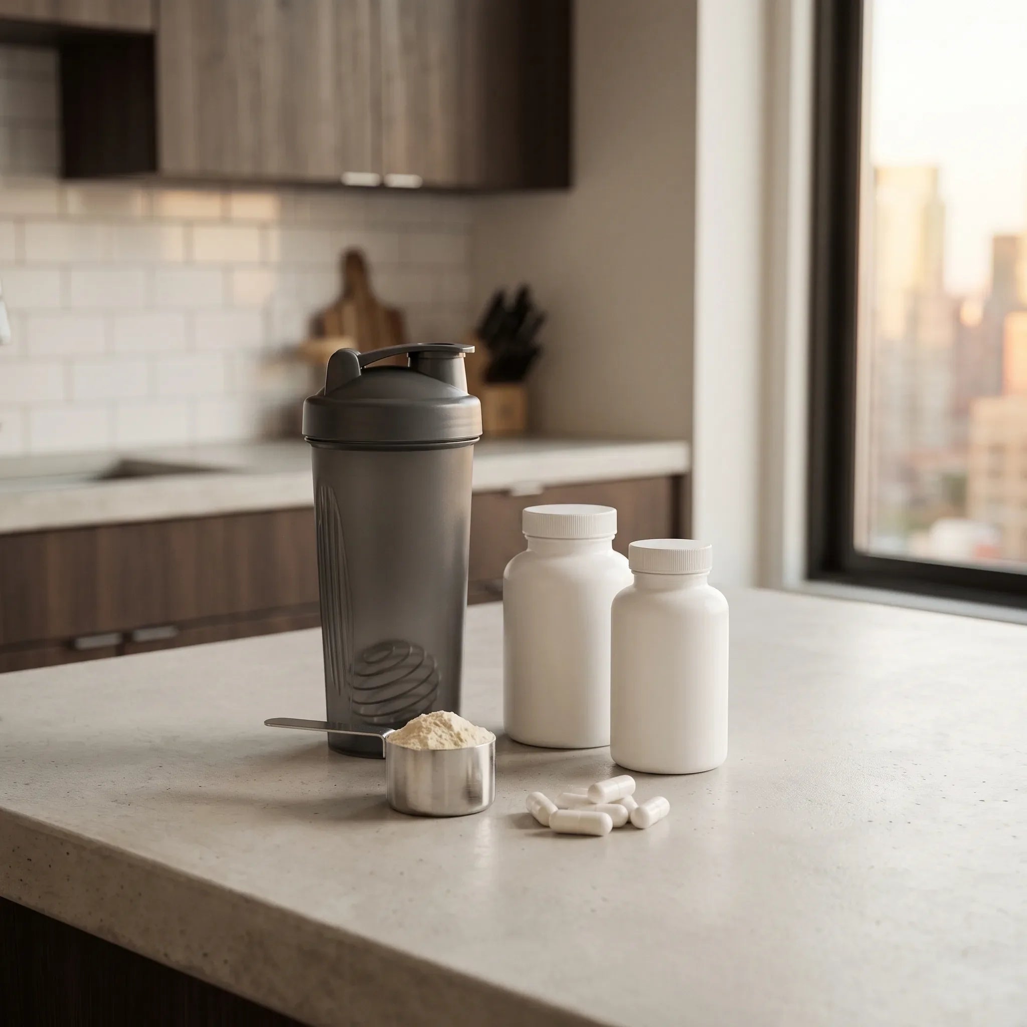 Muscle recovery supplements, a shaker, protein powder, and white capsules on an urban kitchen counter