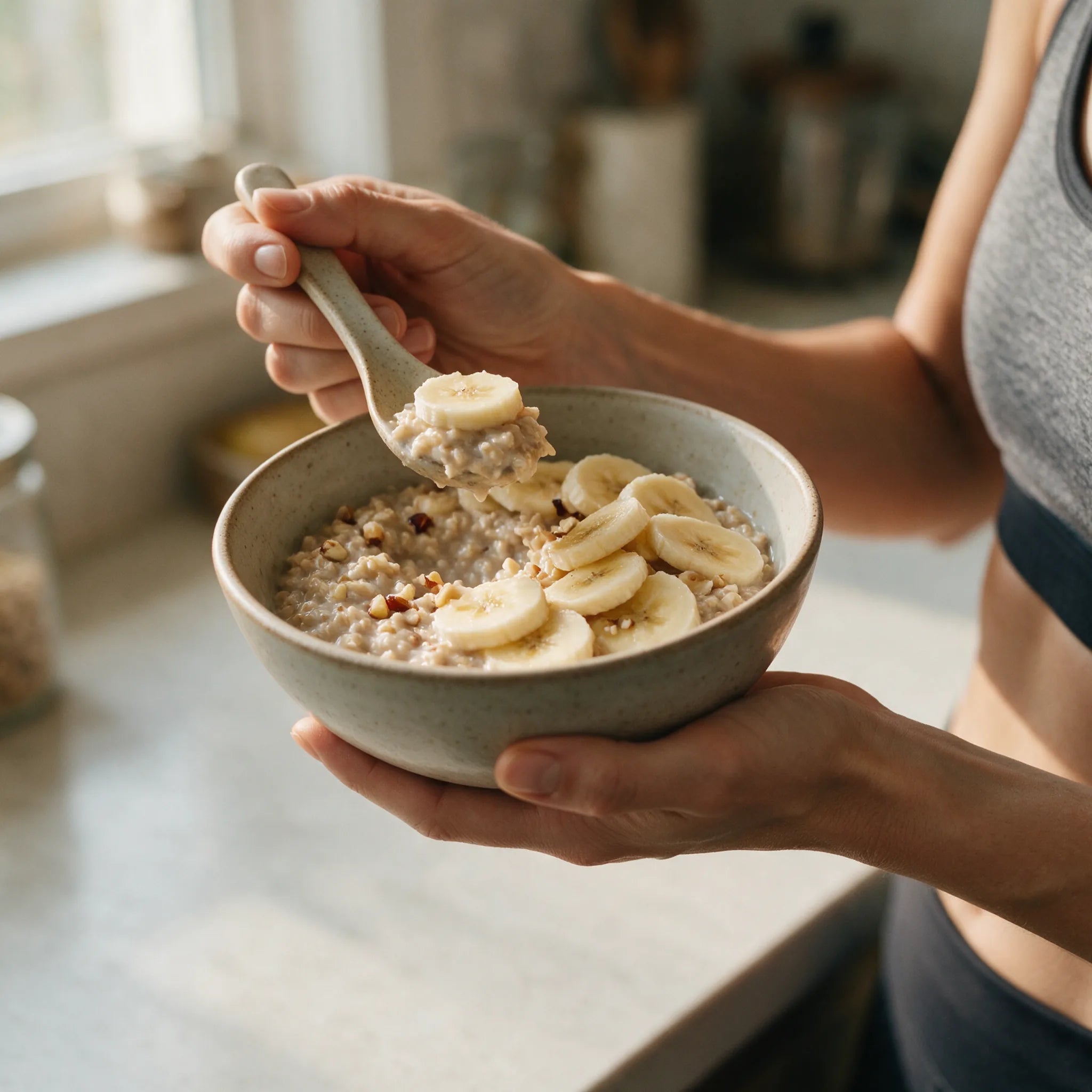 Close-up of hands holding a bowl of oatmeal topped with sliced banana as a pre-workout meal