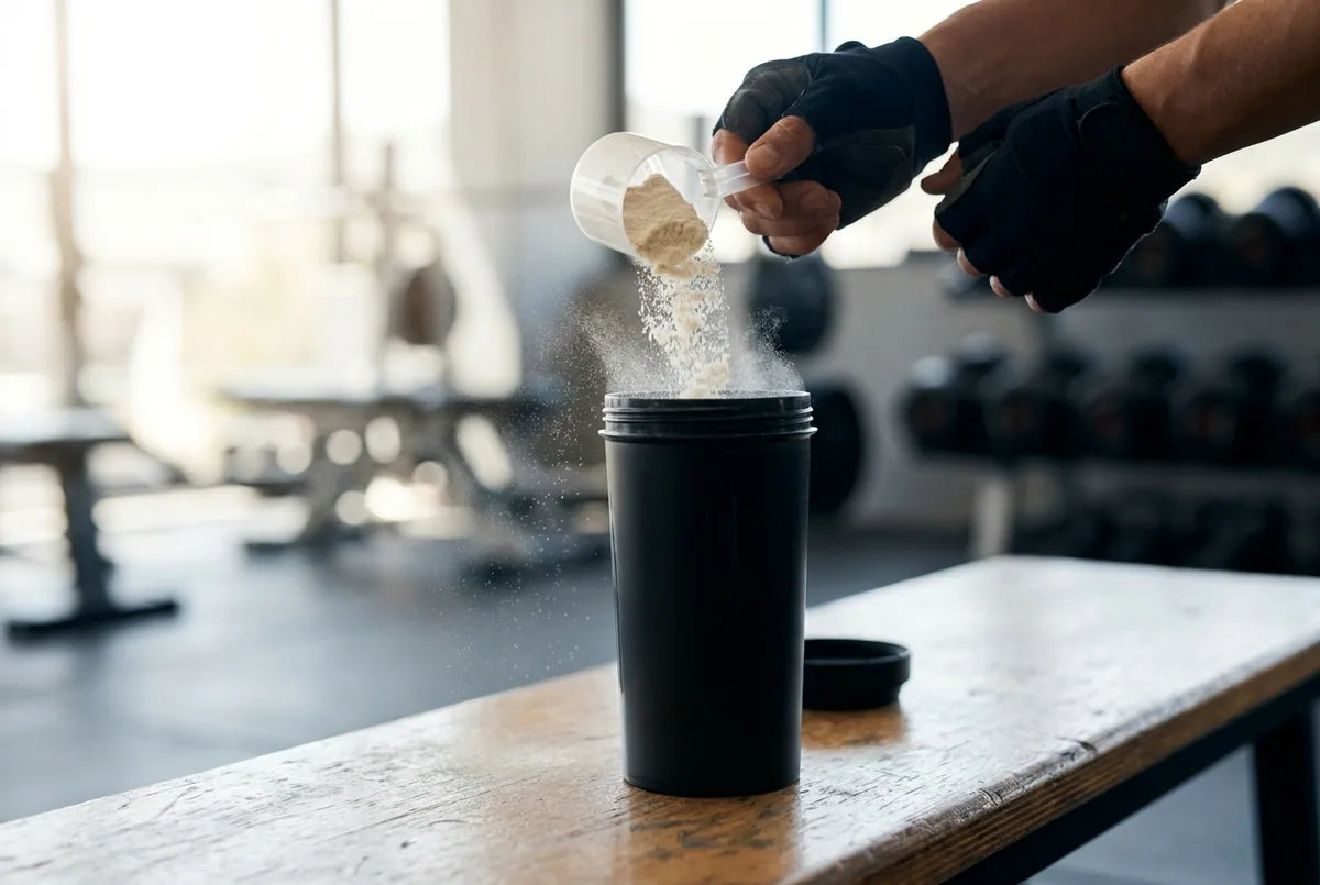 Pre-workout powder with a scoop and shaker bottle on a kitchen counter