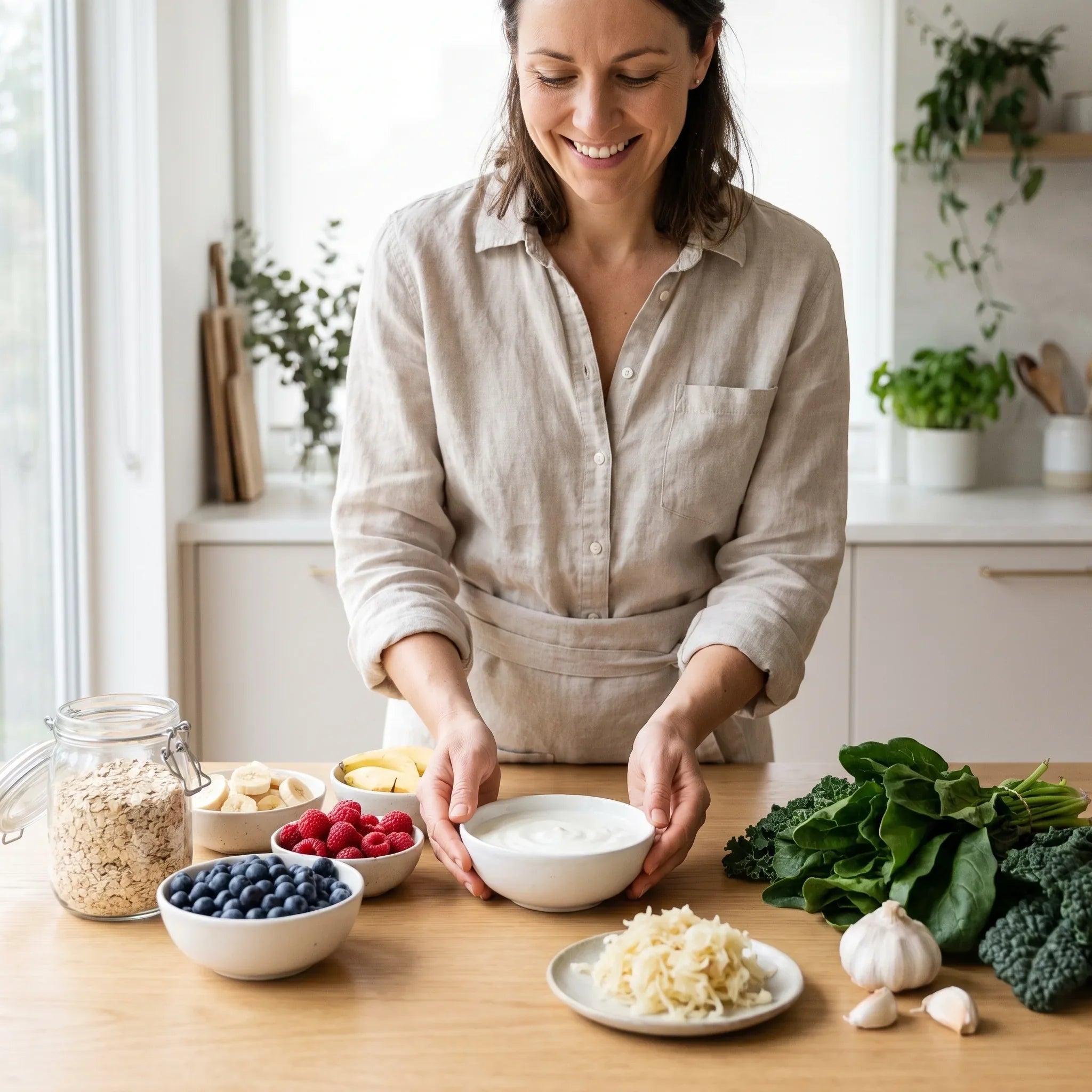 Woman in a bright kitchen with prebiotic and probiotic foods including yogurt, berries, oats, garlic, and leafy greens
