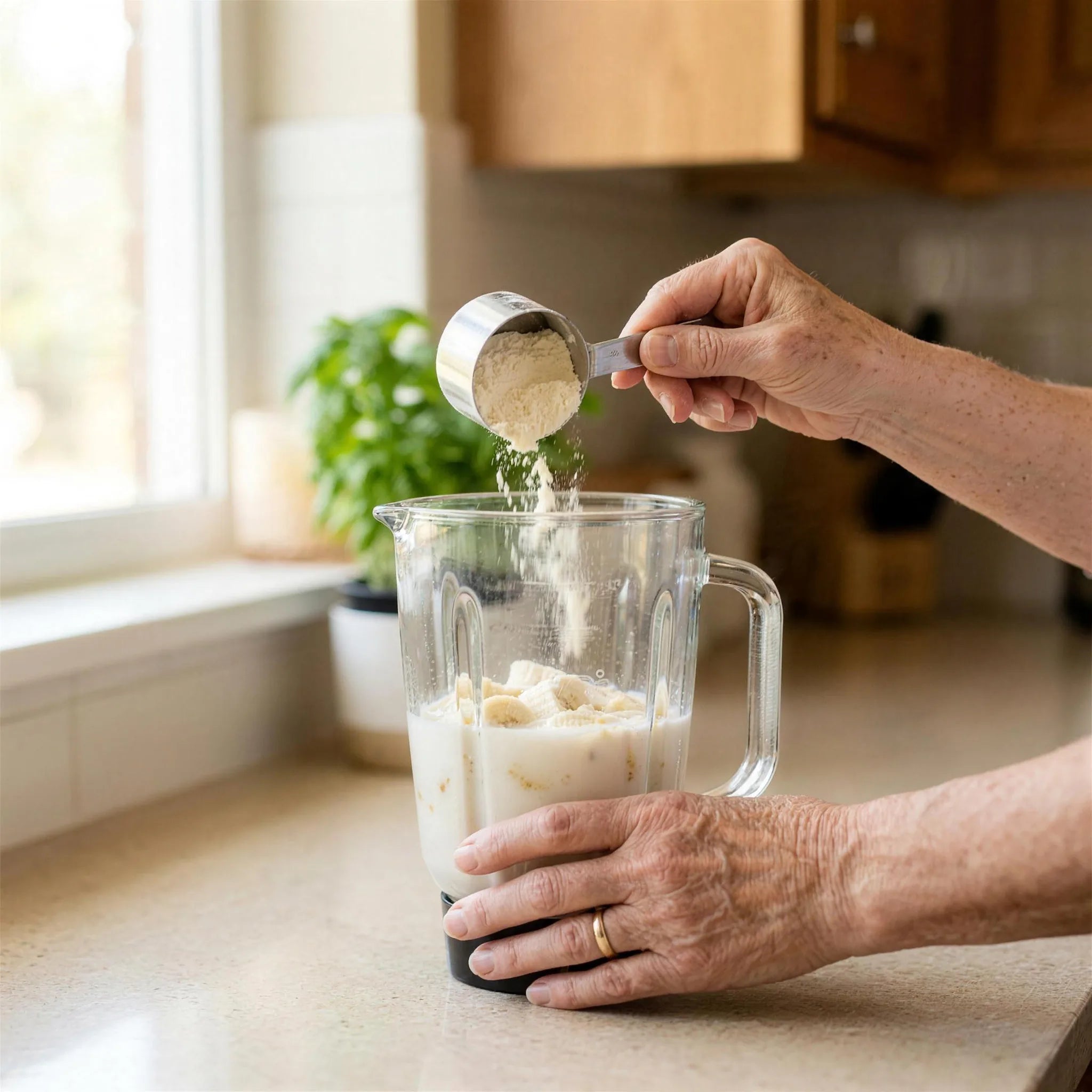 Close-up of an older adult's hands tipping a scoop of protein powder into a blender jar of milk and banana
