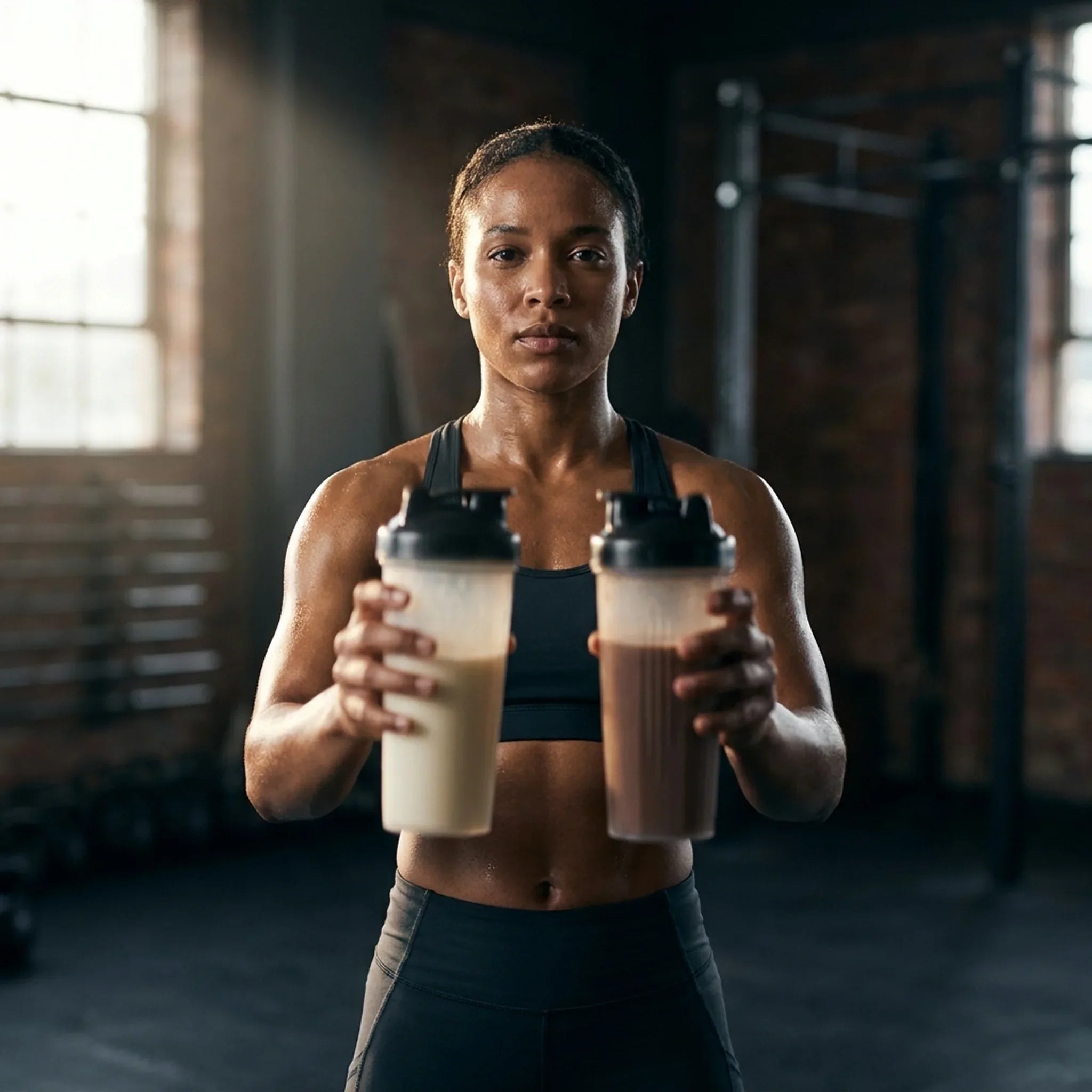 Athlete holding a vanilla protein shake and a chocolate protein shake side by side for a whey versus casein comparison