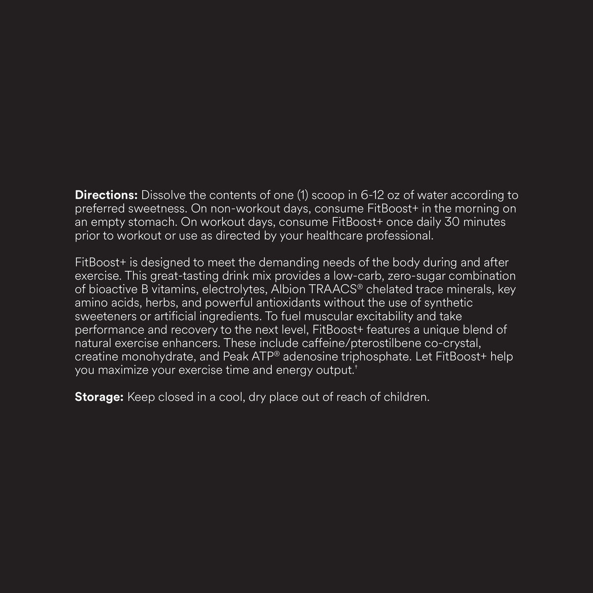FitBoost+ label, directions, description and storage