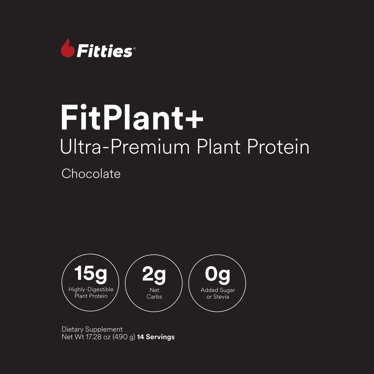 FitPlant+ Chocolate plant protein label, front panel with 15g protein, 2g net carbs and 0g added sugar or stevia