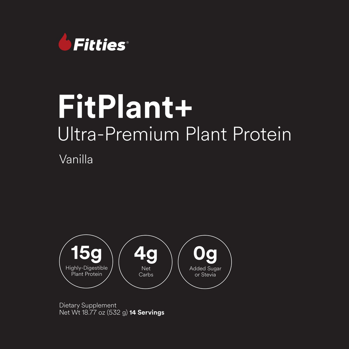 FitPlant+ Vanilla plant protein label, front panel