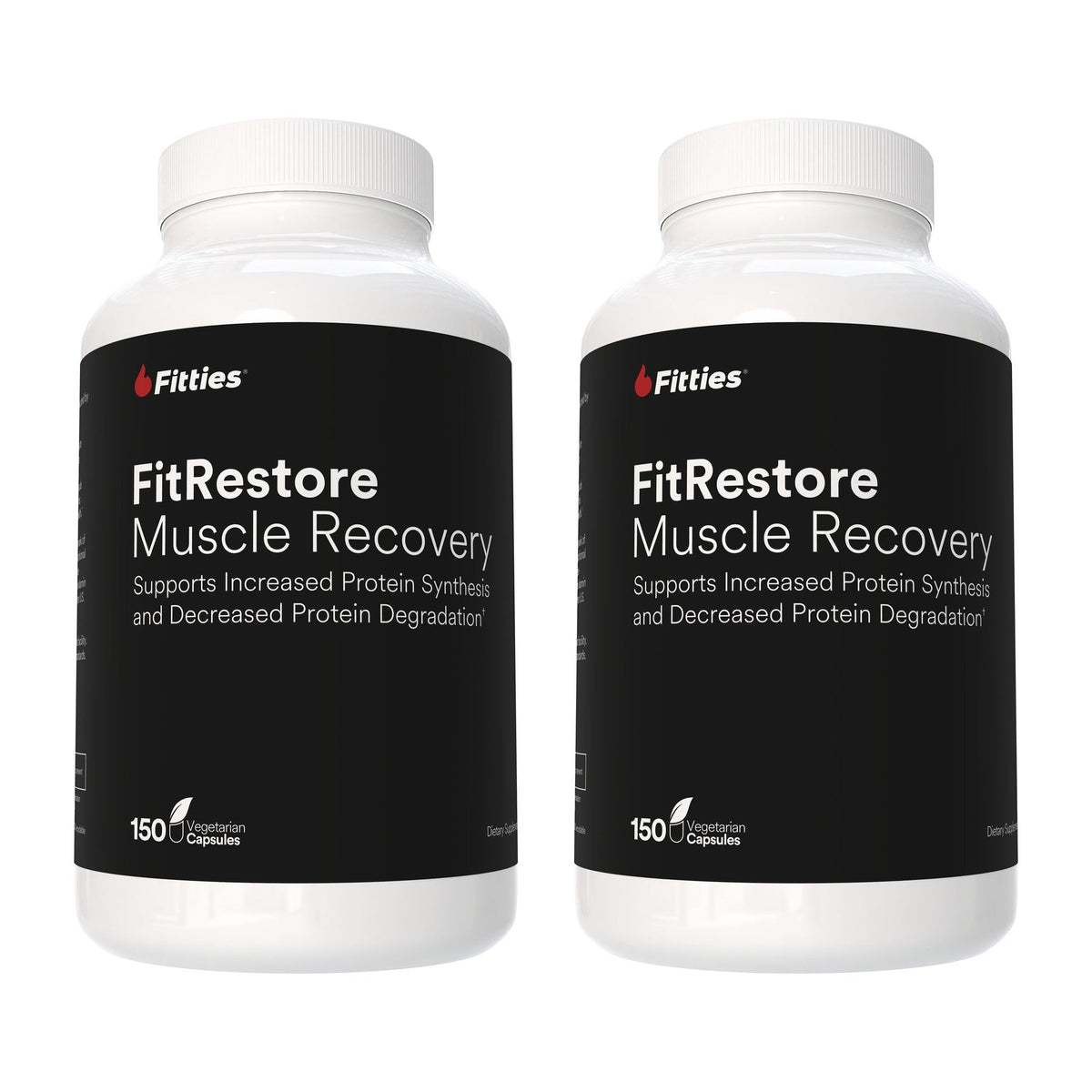Two bottles of Fitties FitRestore, front labels, on a white background
