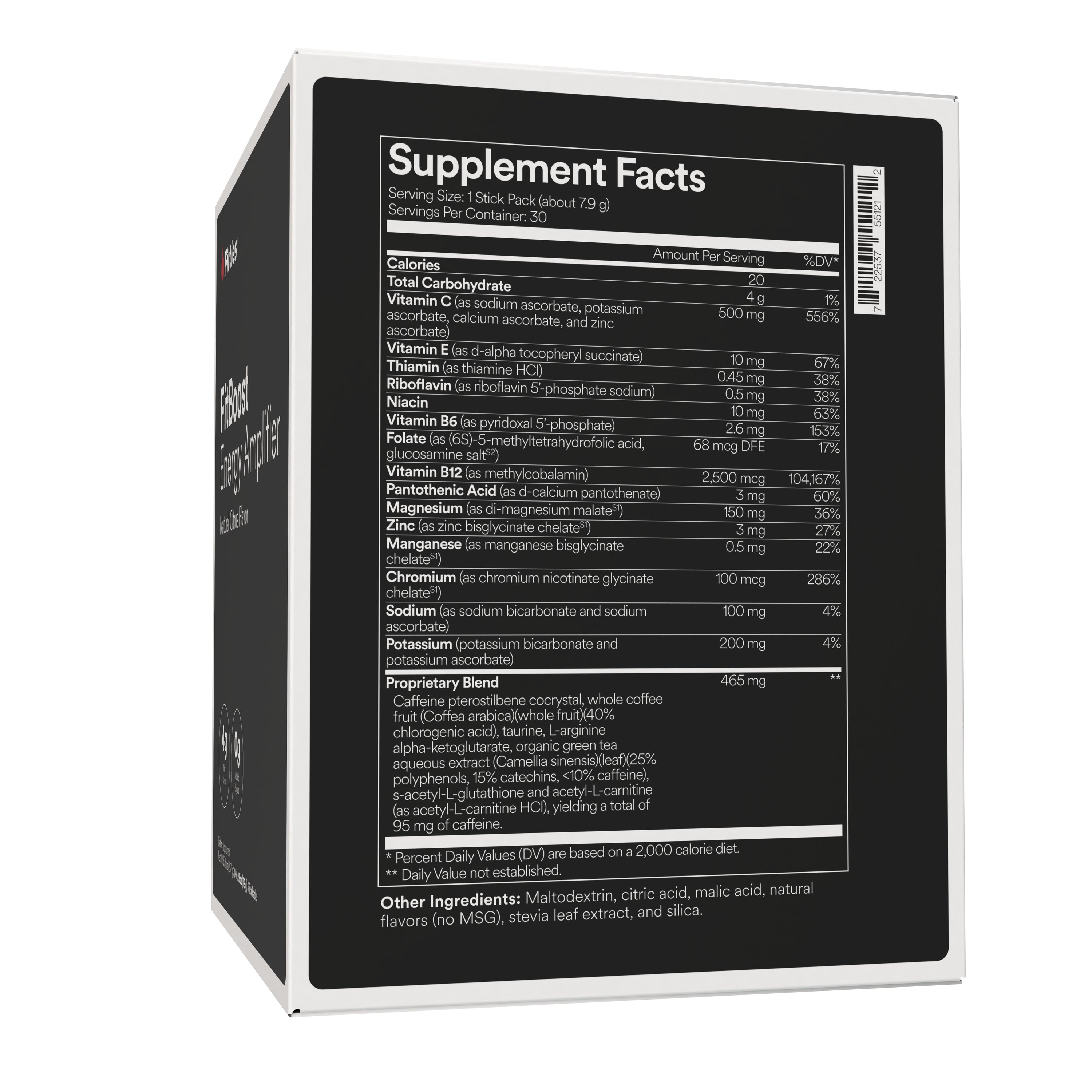 Fitties FitBoost supplement facts label on a black box with white text