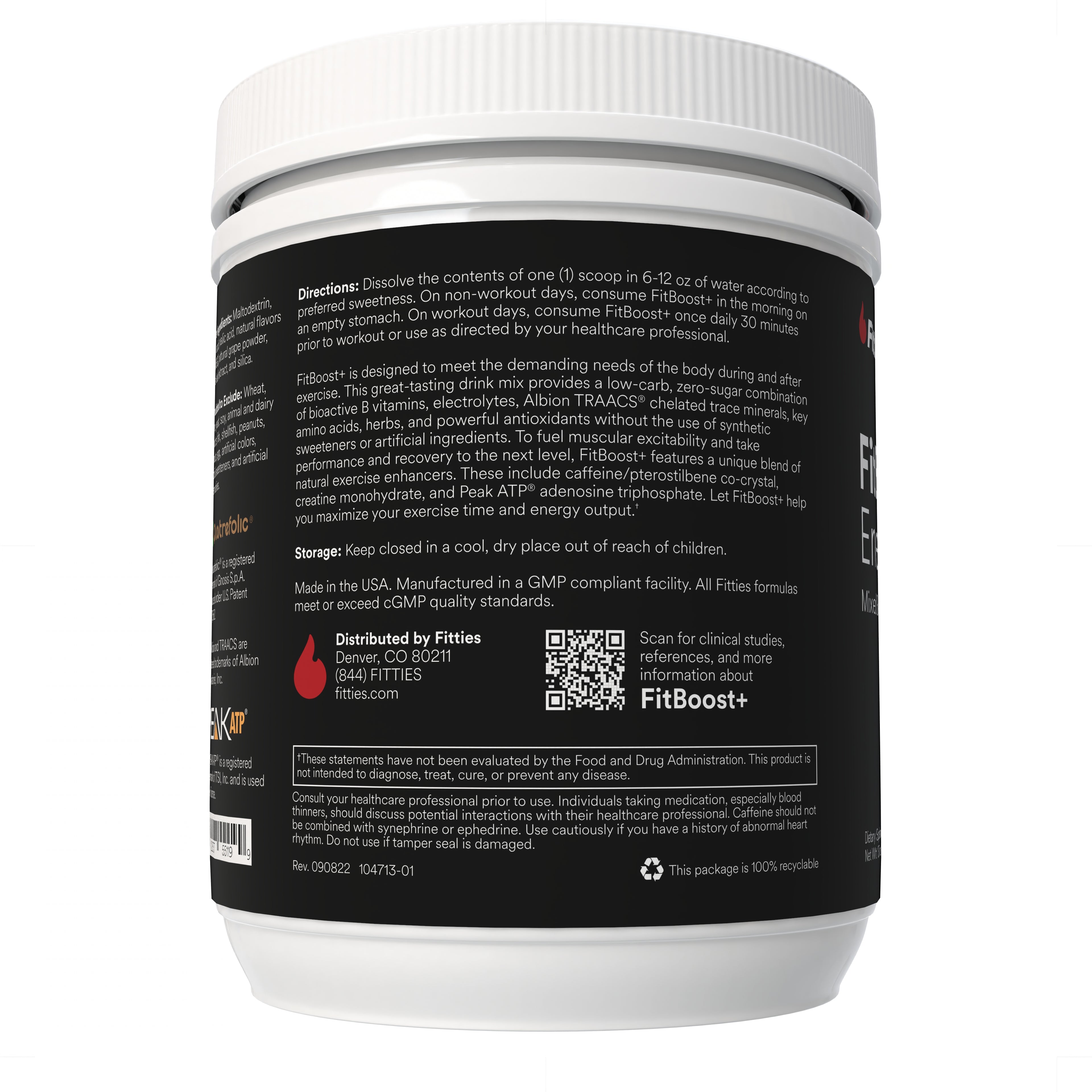 Back label of a FitBoost+ supplement container on a white background