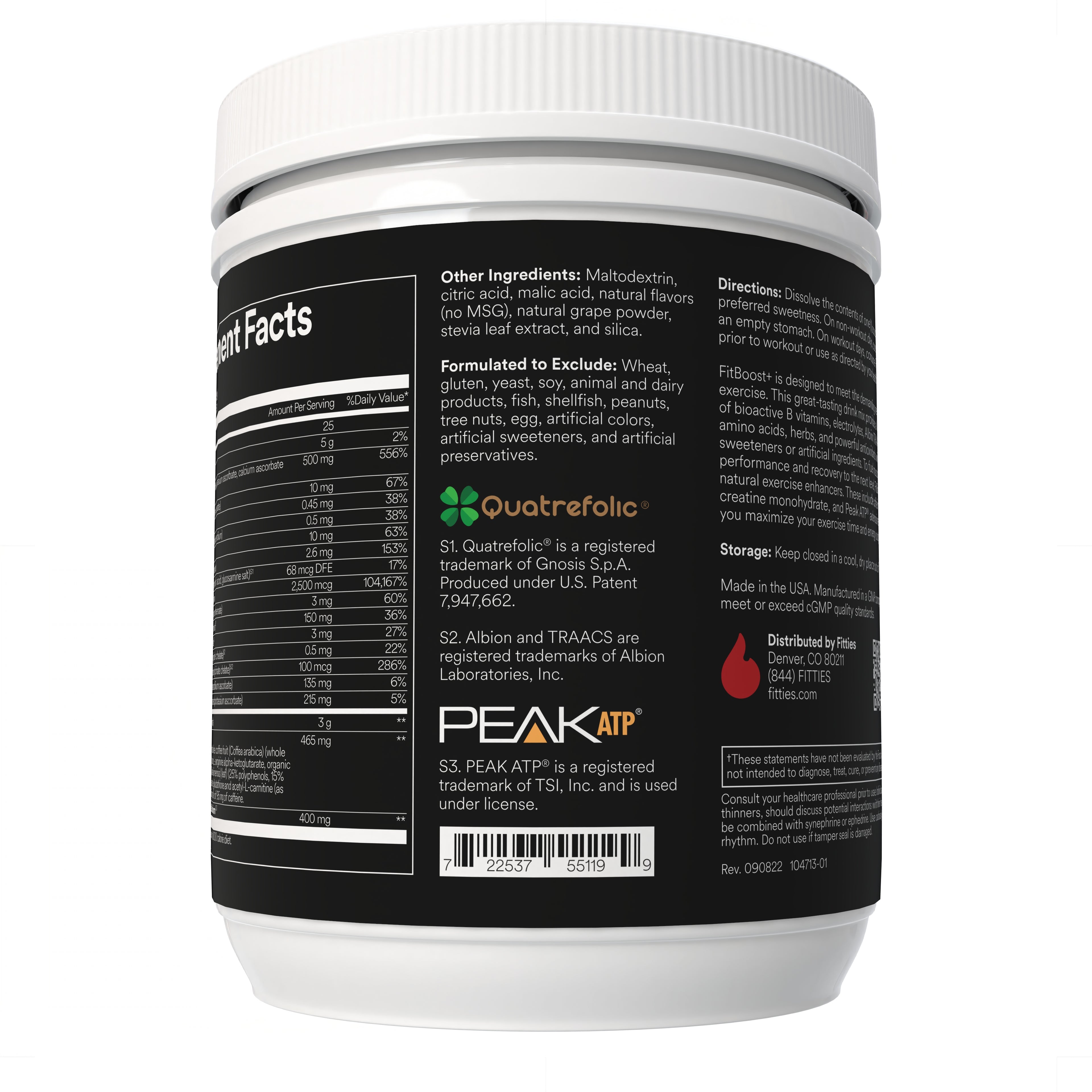 Back label of a FitBoost+ supplement container with branding and text on a white background