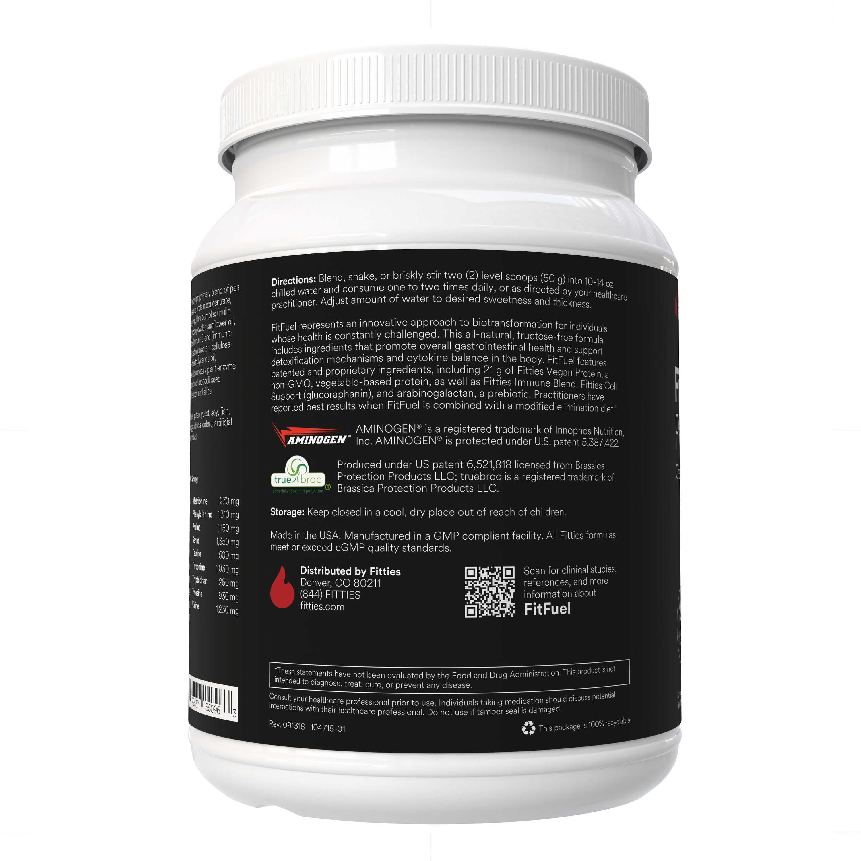 Fitties FitFuel supplement container with nutrition information on a white background