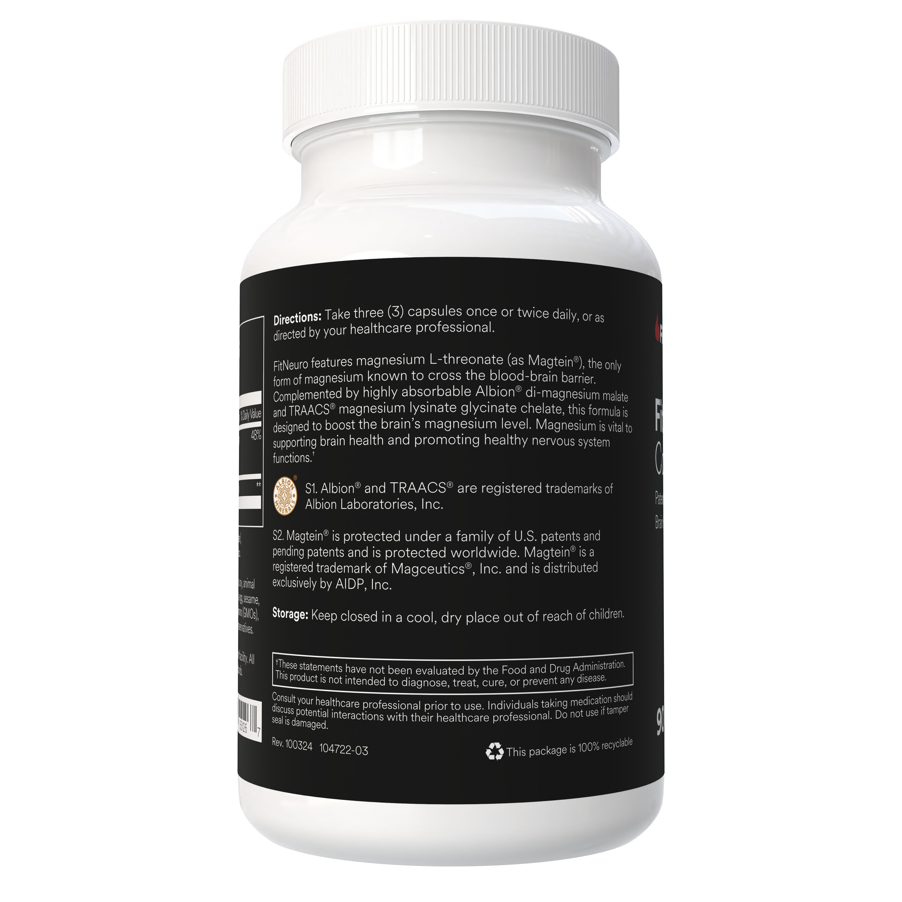Fitties FitNeuro supplement bottle with directions on a white background