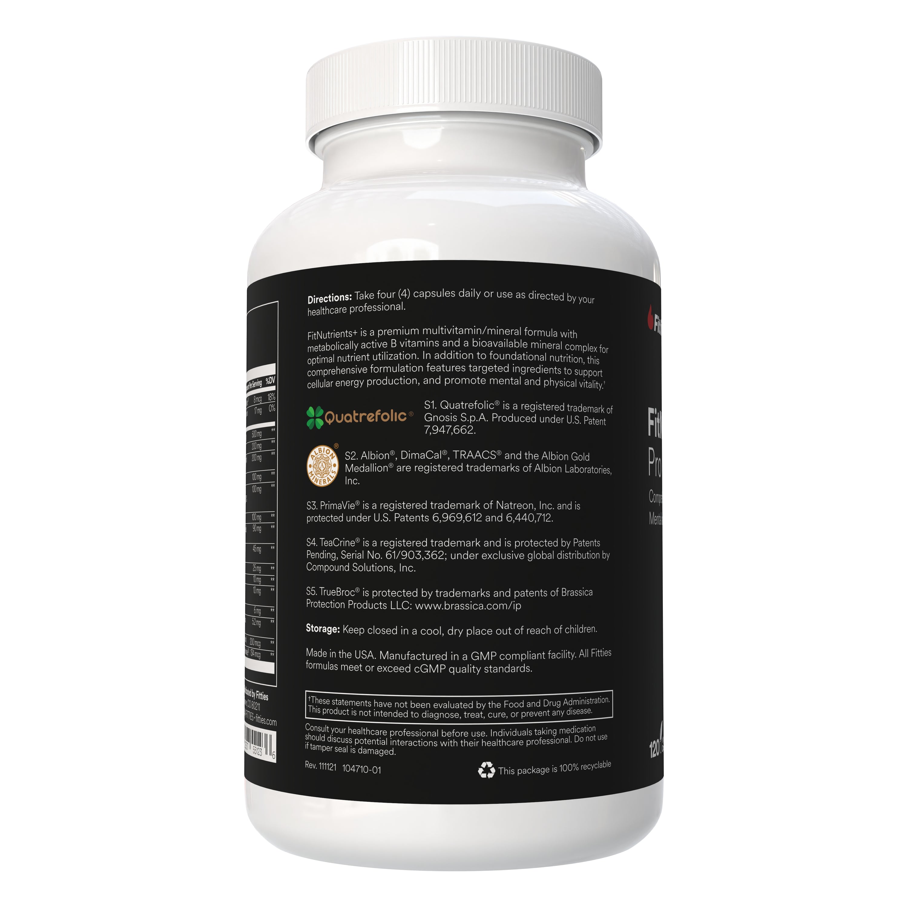 Fitties FitNutrients+ multivitamin supplement bottle with black label on a white background