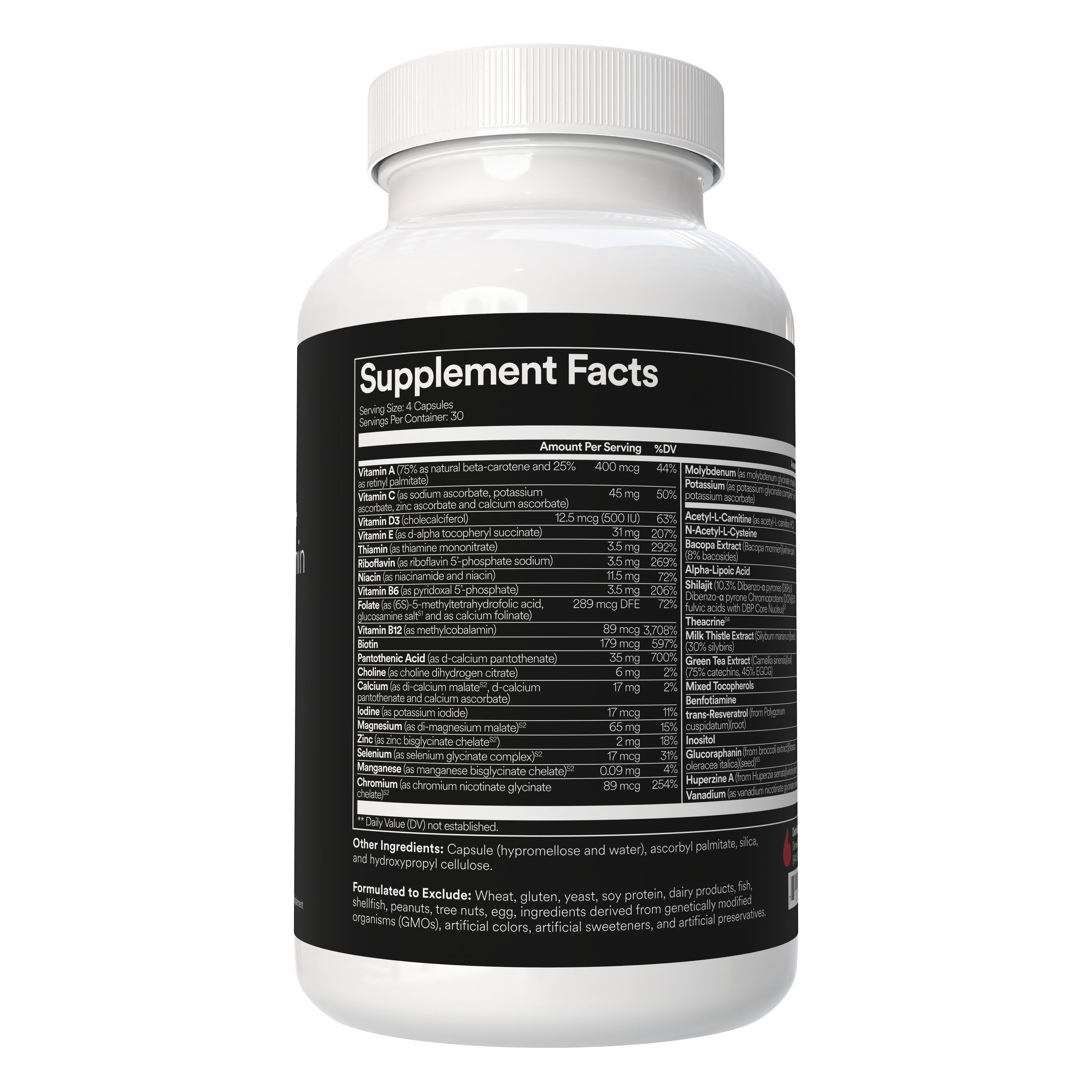 Supplement bottle with a black label displaying &