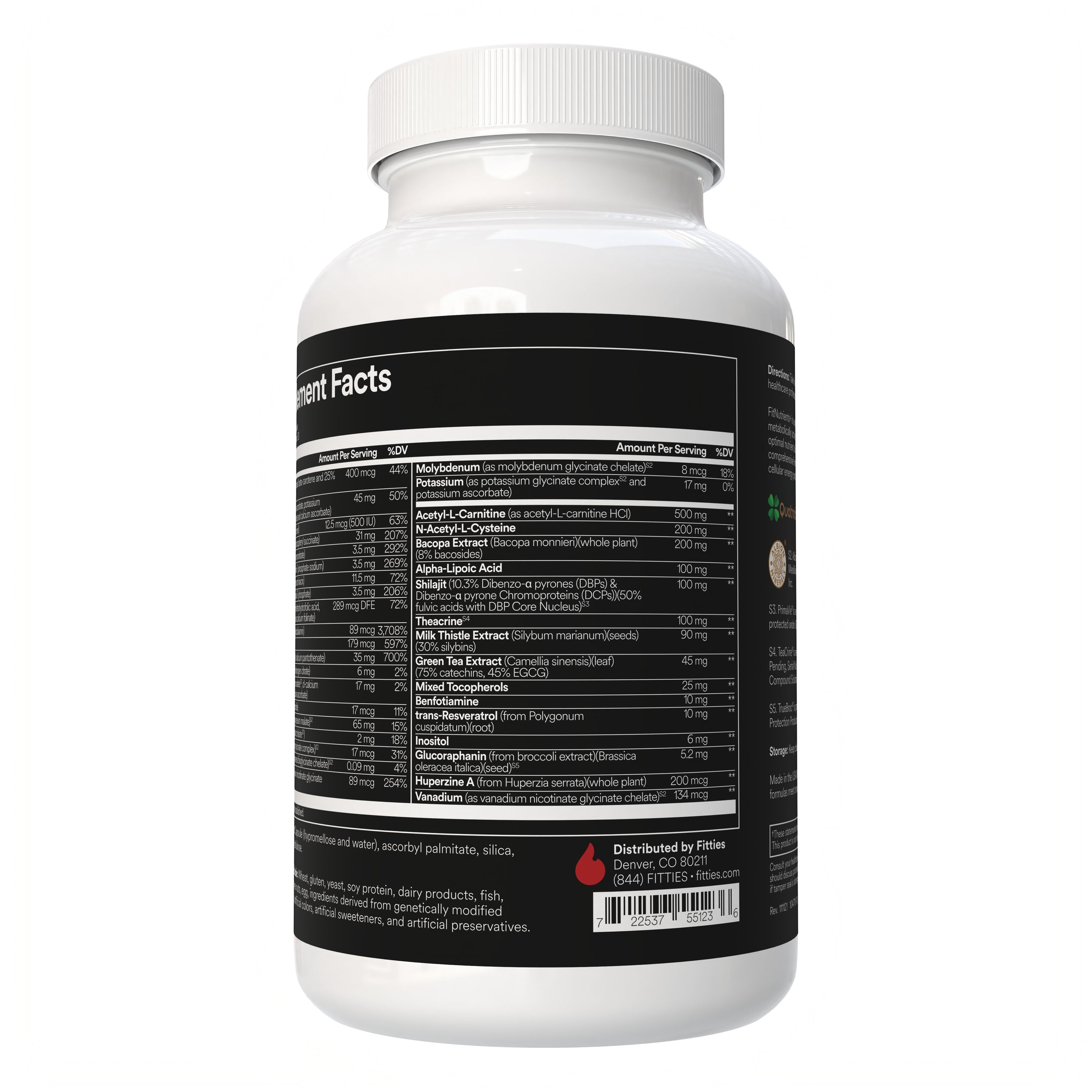 Fitties FitNutrients+ multivitamin supplement bottle with label on a white background