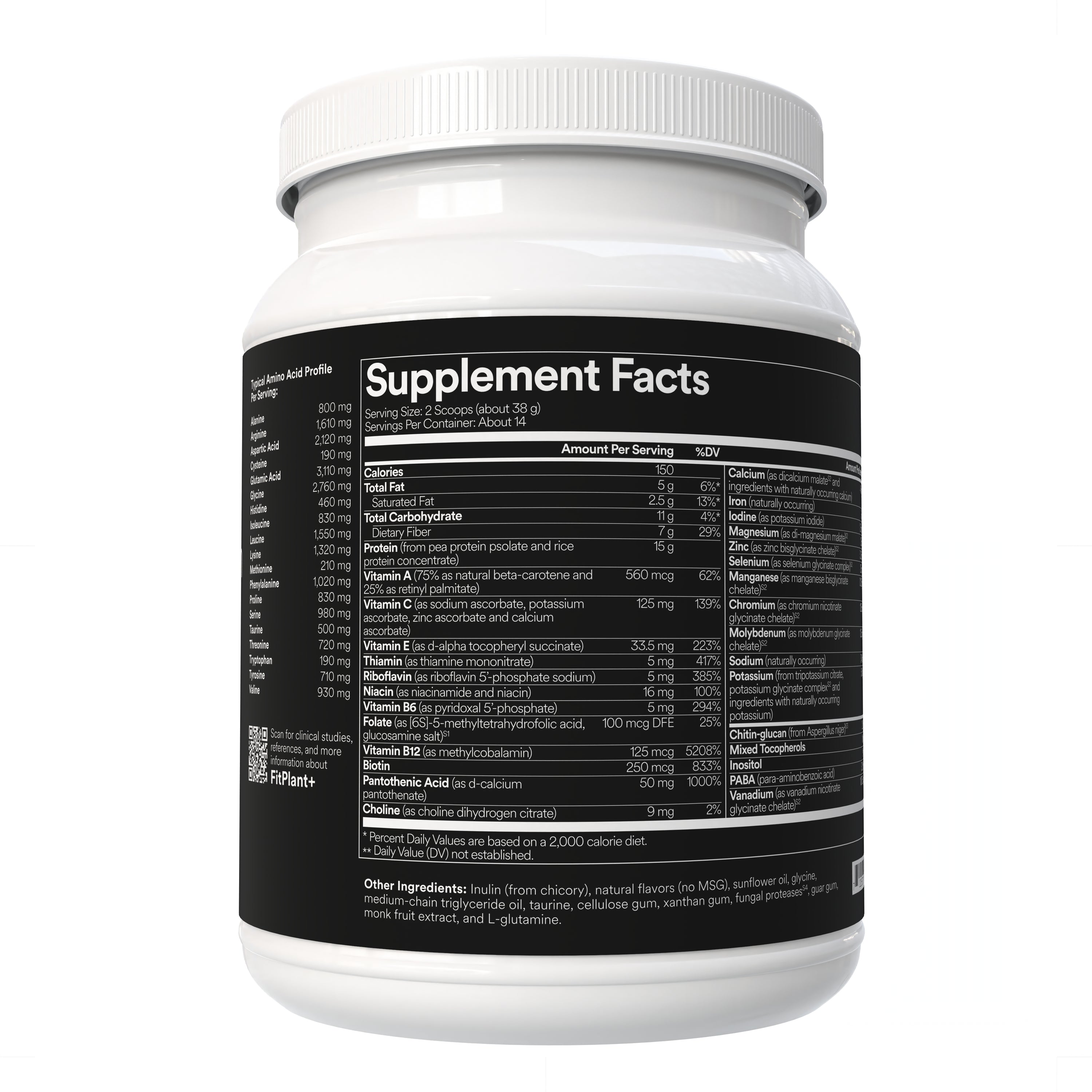 Fitties FitPlant+ supplement container with supplement facts on white background
