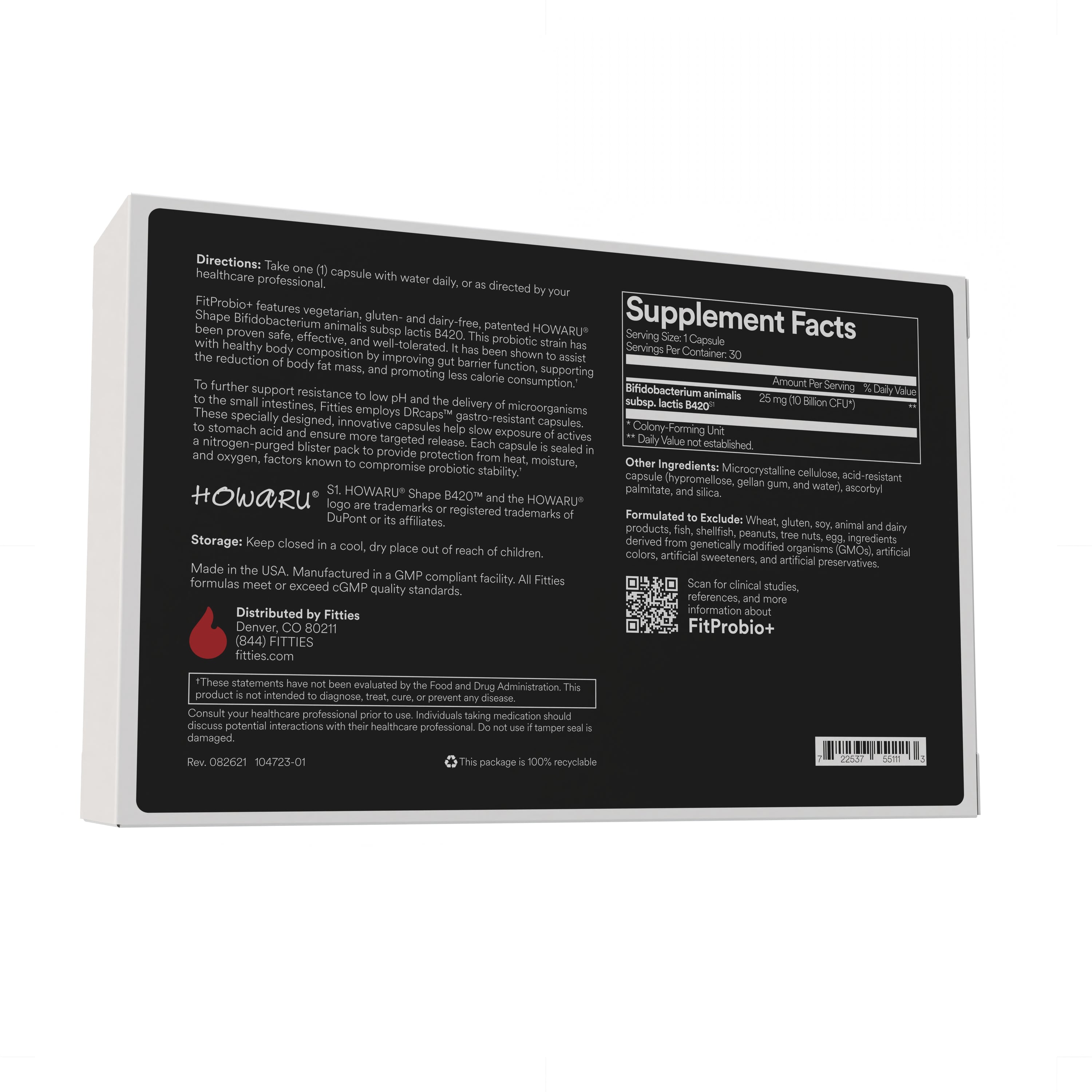 Back label Fitties FitProbio+ supplement package with text and branding on a white background