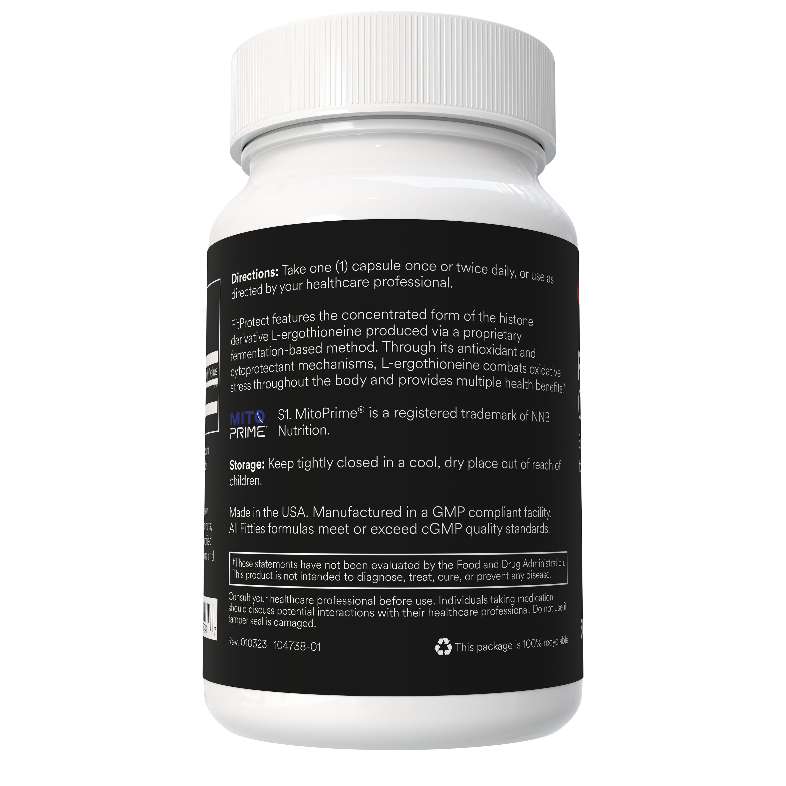 Fitties FitProtect supplement bottle with directions on a white background