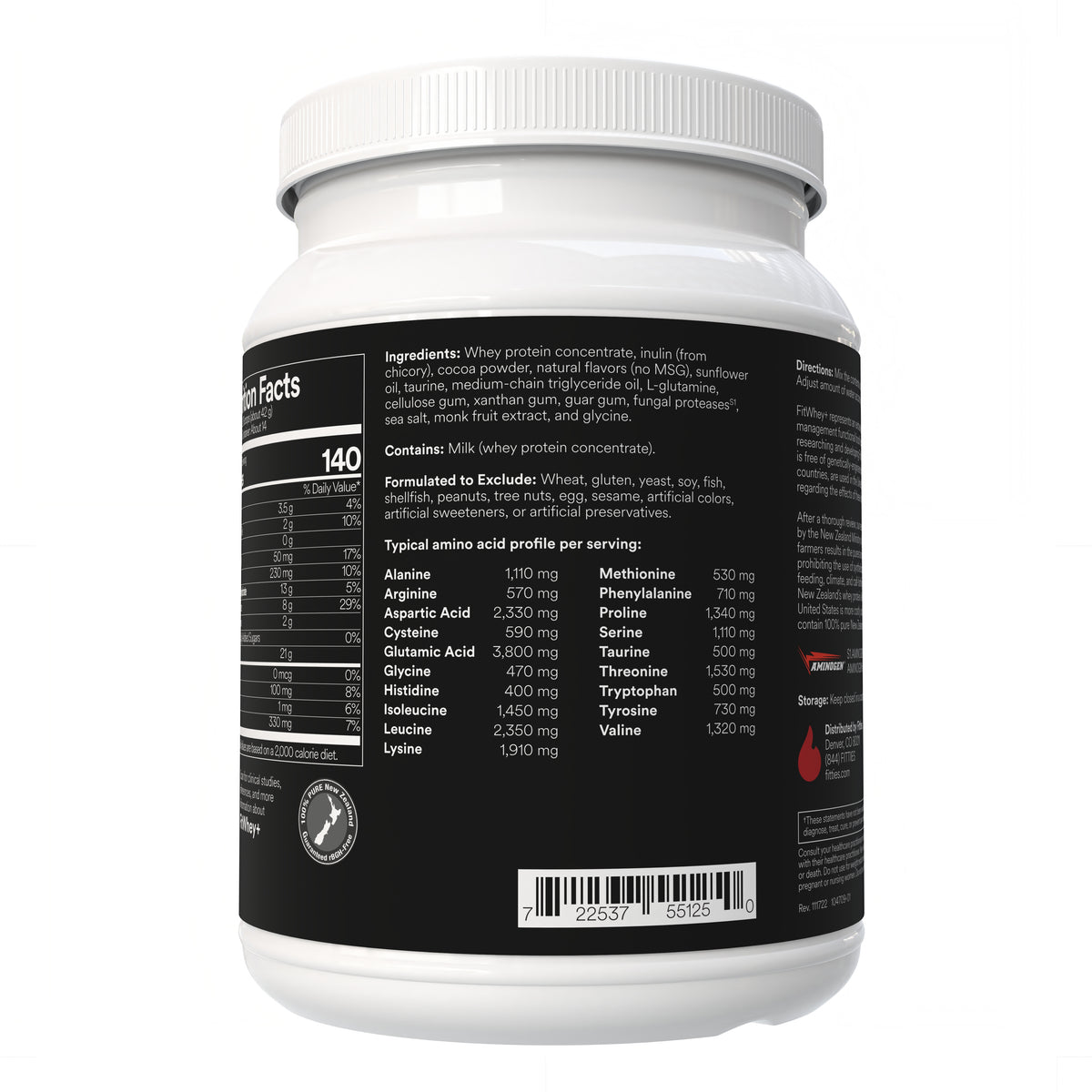 Fitties FitWhey+ Chocolate whey protein tub, ingredients panel