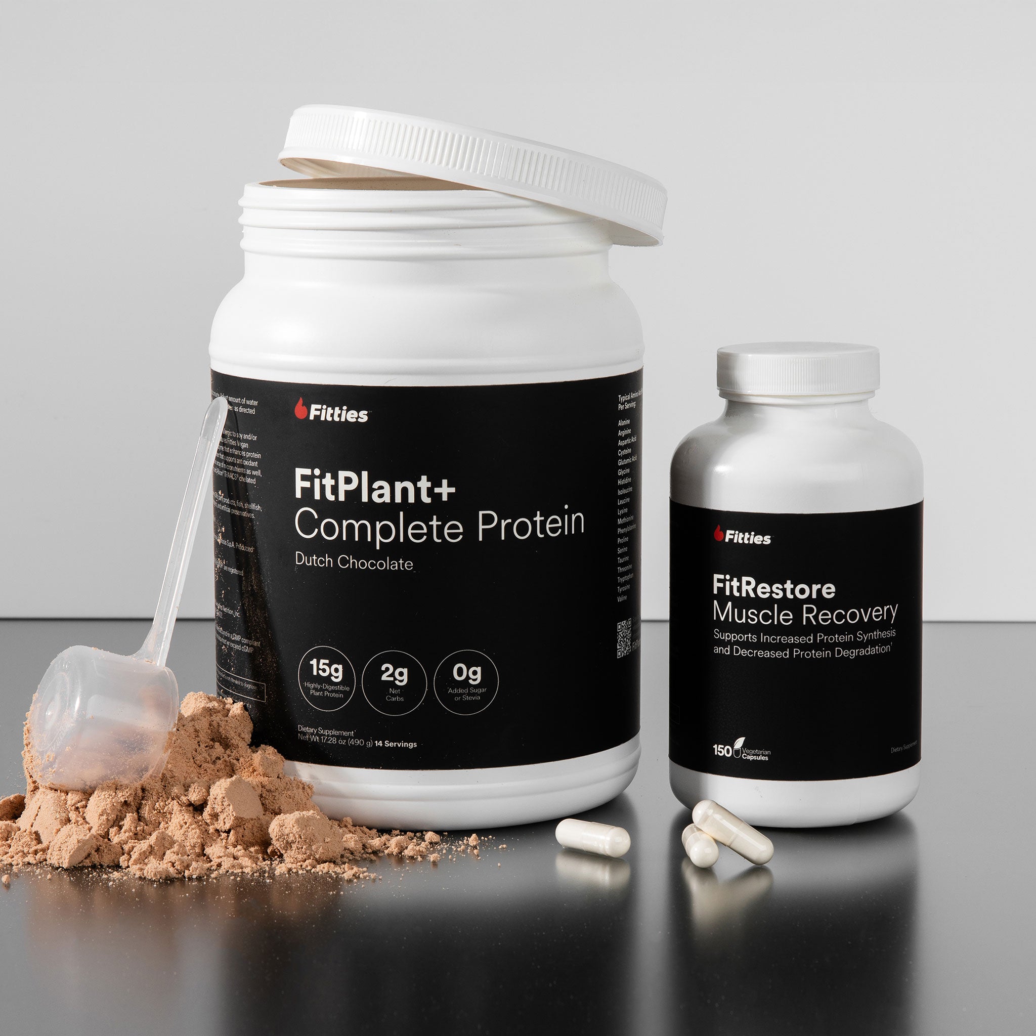 Fitties FitPlant+ protein and FitRestore supplements