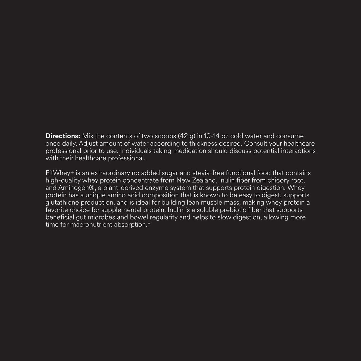 FitWhey+ Chocolate whey protein label, directions and description