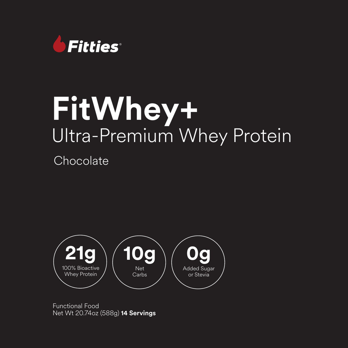 FitWhey+ Chocolate whey protein label, front panel with 21g protein, 10g net carbs and 0g added sugar or stevia