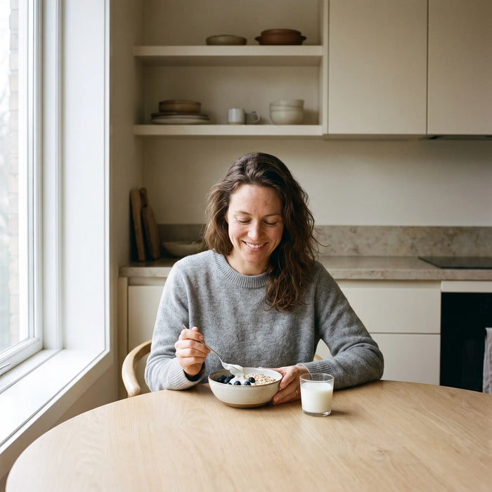 Woman at a kitchen table eating a bowl of yogurt with blueberries and oats