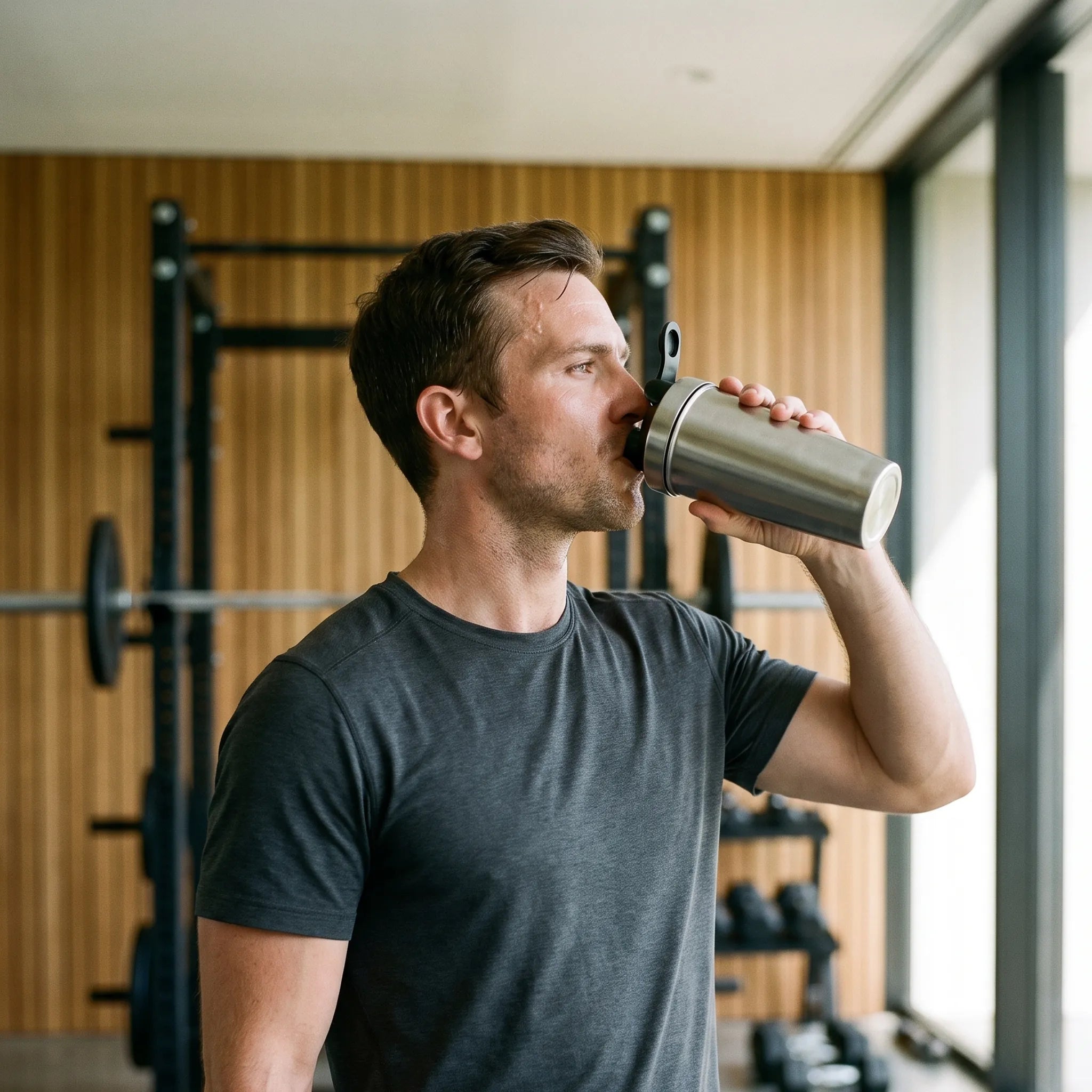 Athlete pausing between sets to drink a protein shake, when essential amino acid intake matters most