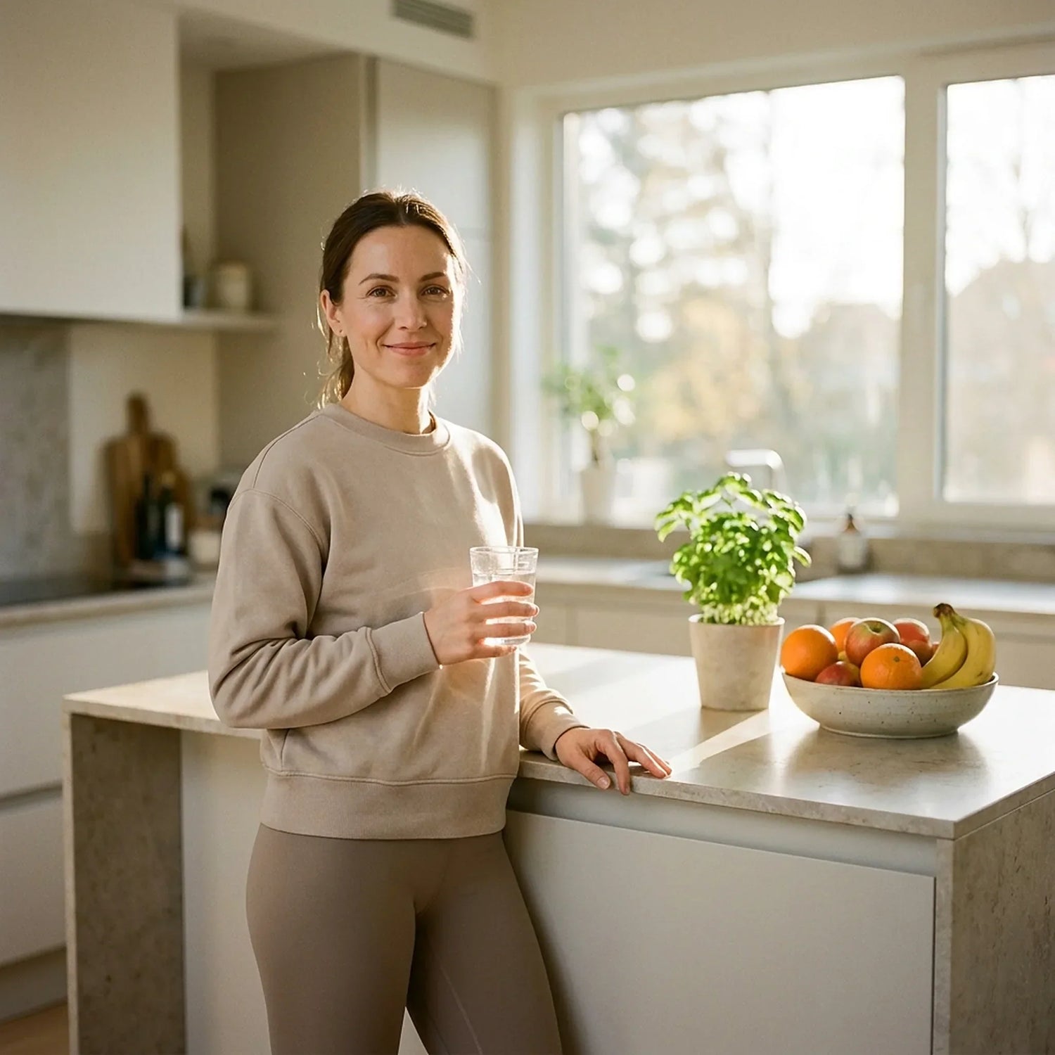 Woman taking her daily probiotic with a glass of water as part of a morning routine in a bright kitchen