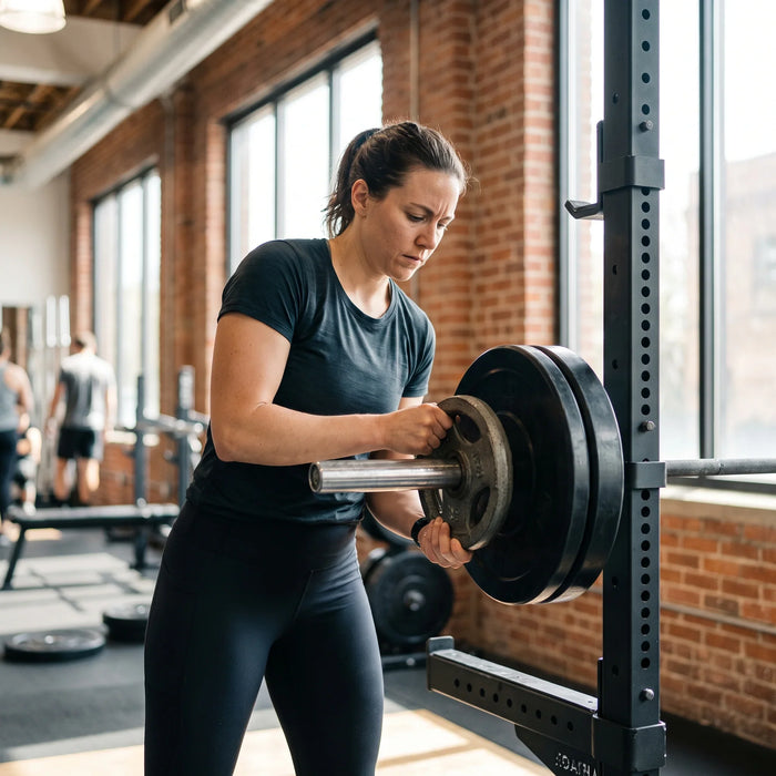 Woman loading a weight plate onto a barbell in a squat rack during a body recomposition training program