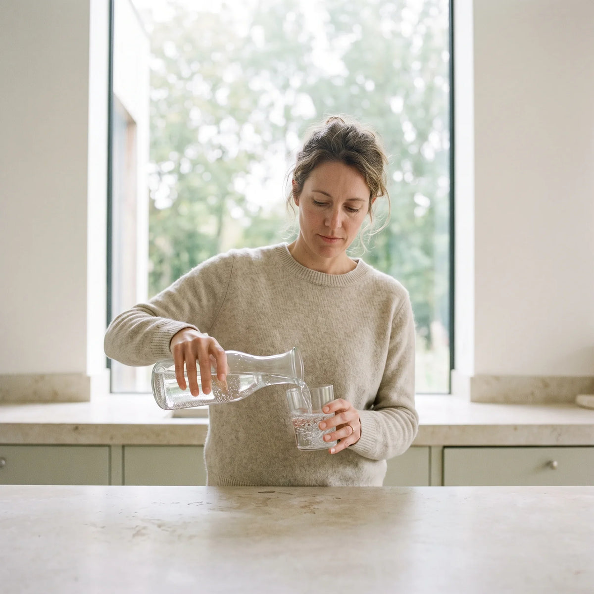 Woman pouring sparkling mineral water into a glass in a bright kitchen