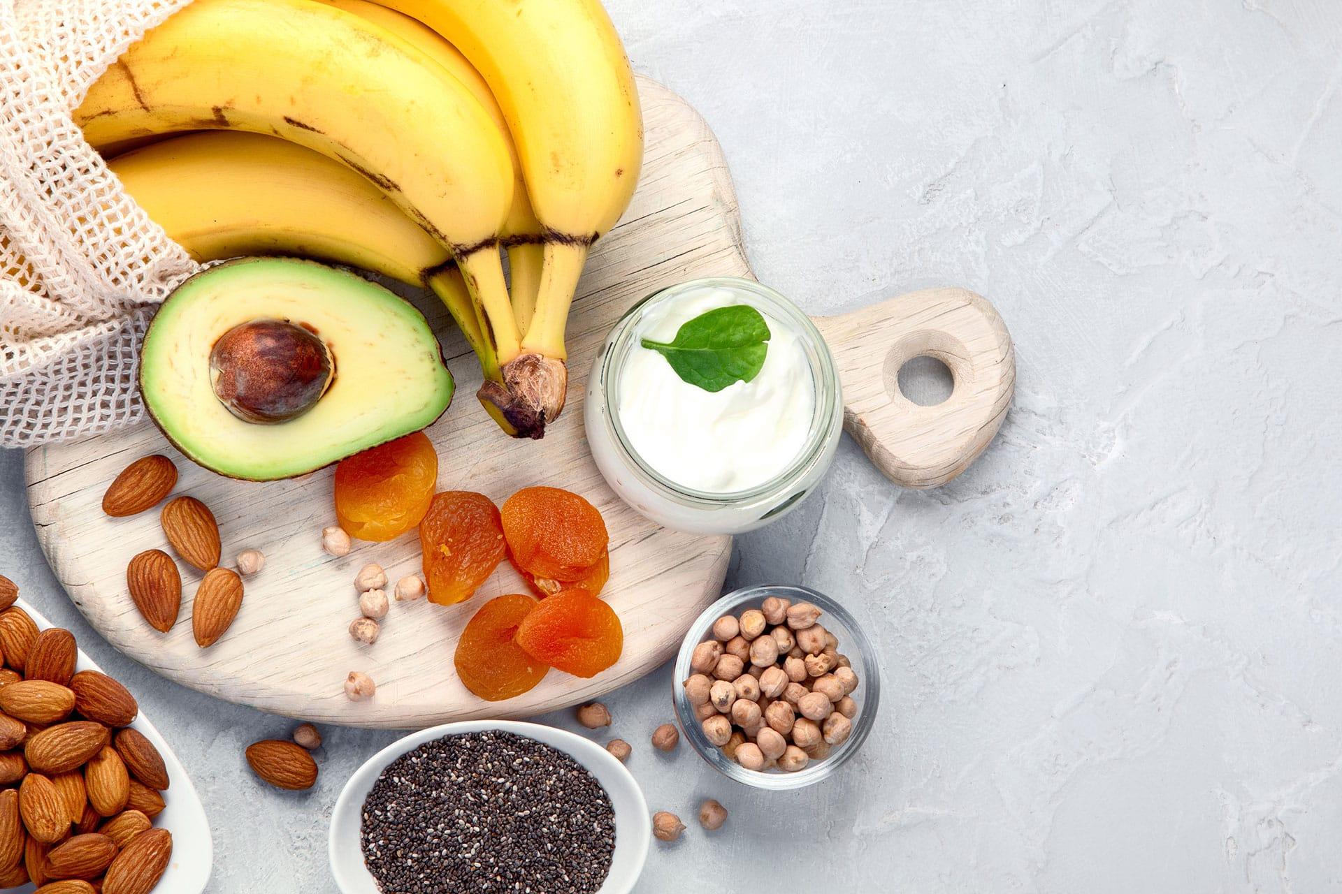 Overhead closeup of collection of foods right in magnesium