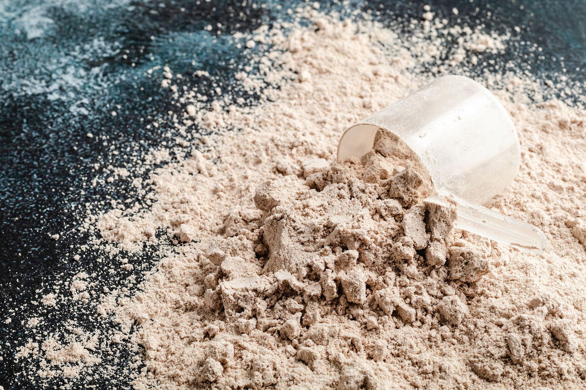 Closeup of gluten-free protein powder on tabletop