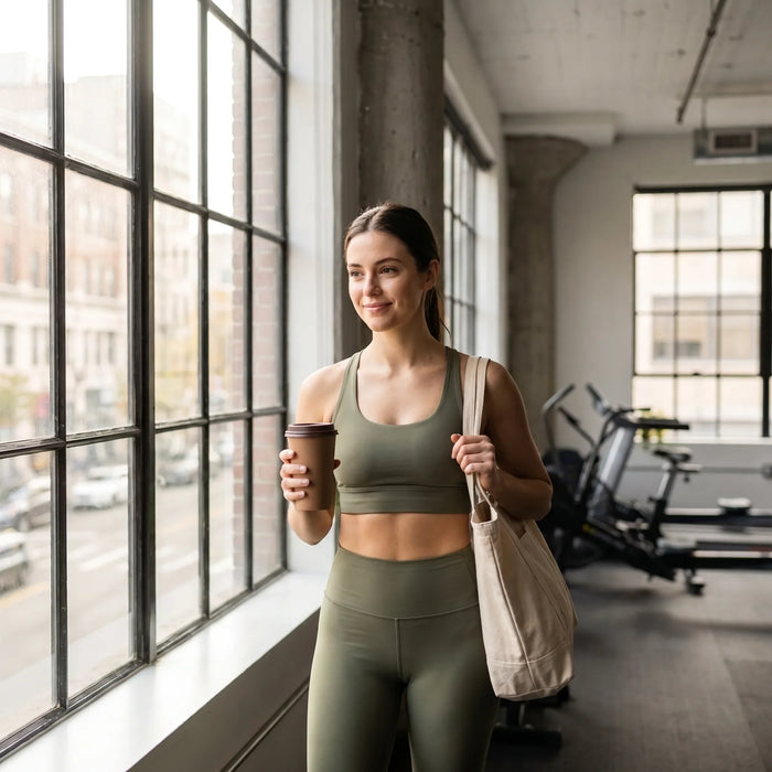 Woman in gym clothes holding a coffee before a workout, gym bag on her shoulder