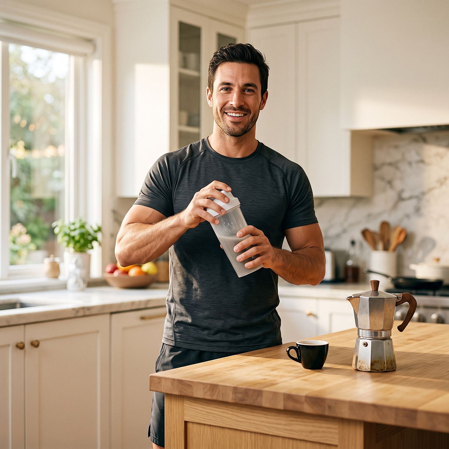 Athletic man in a kitchen mixing a shaker with an espresso and moka pot, illustrating taking creatine and caffeine together