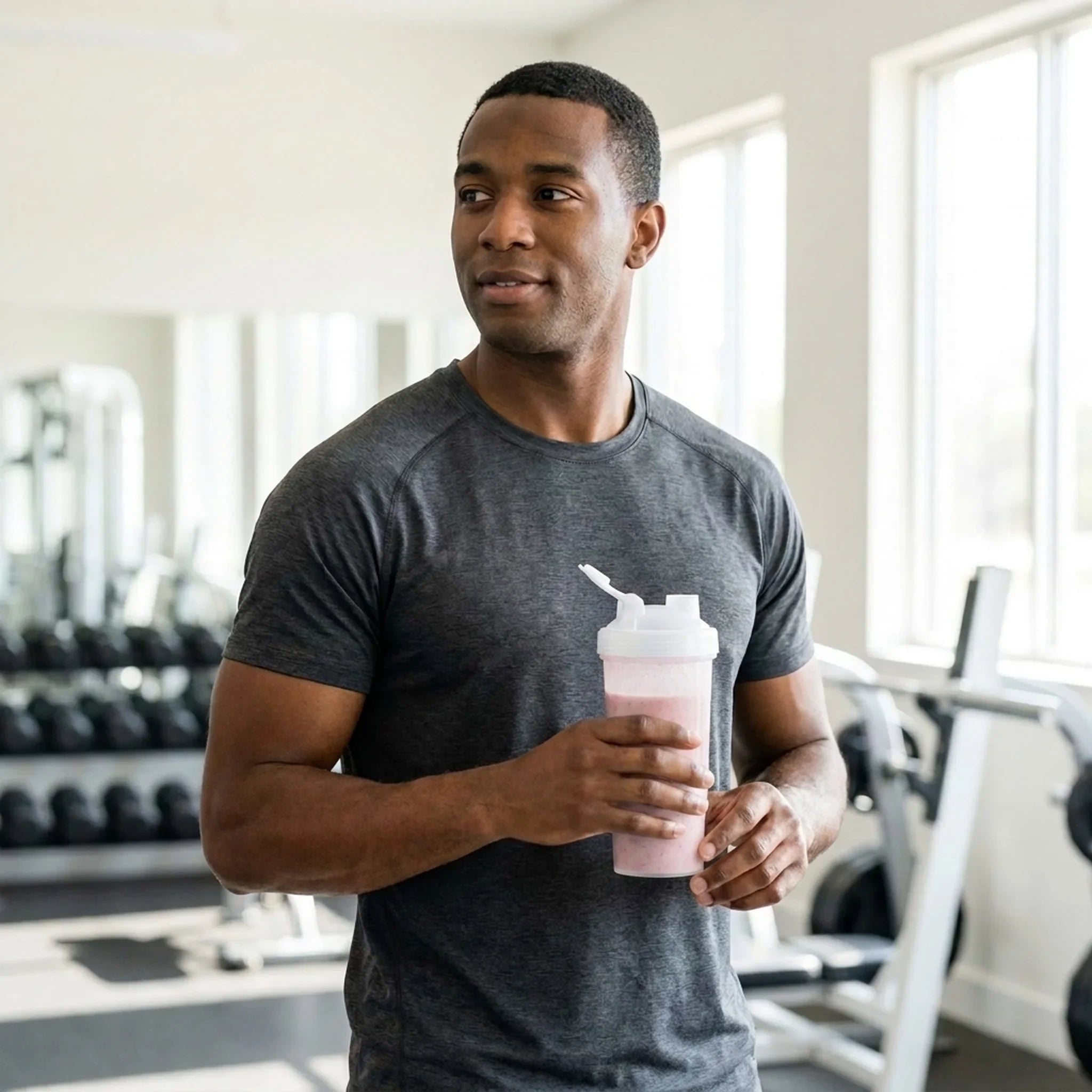 Fit man in a gym looking to the side, holding a shaker of pink mixed berry drink