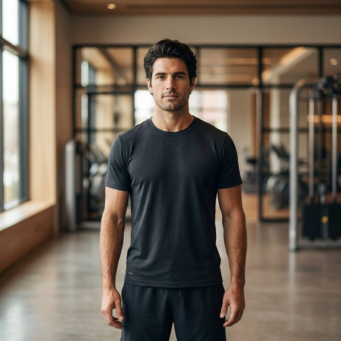 Confident man with a full head of hair in a gym, illustrating that creatine does not cause hair loss for most people