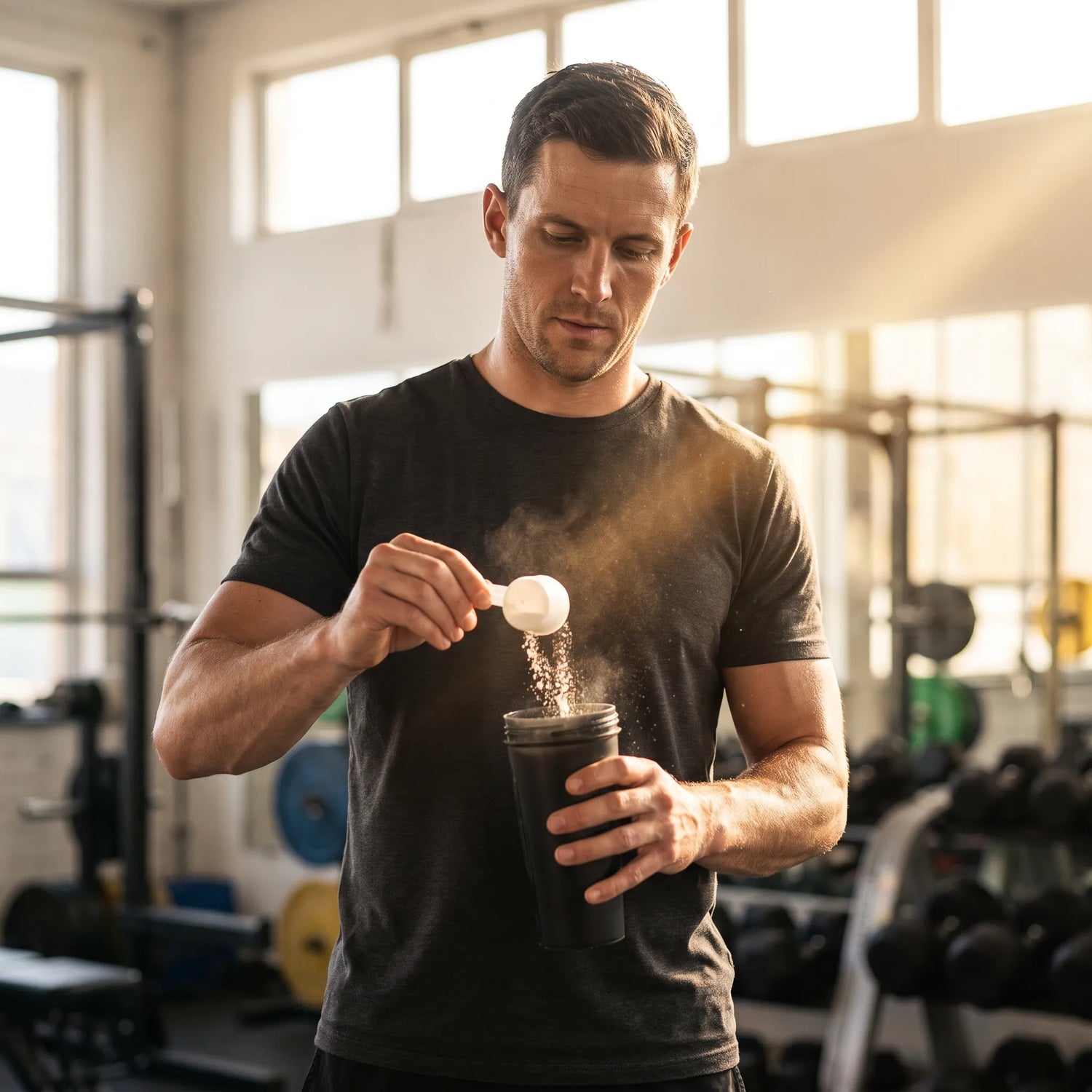 Athlete in a gym adding a scoop of creatine powder to a shaker bottle of protein