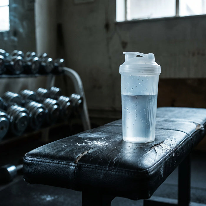 Shaker bottle of mixed creatine on a worn gym bench with spilled powder beside it and a dumbbell rack behind