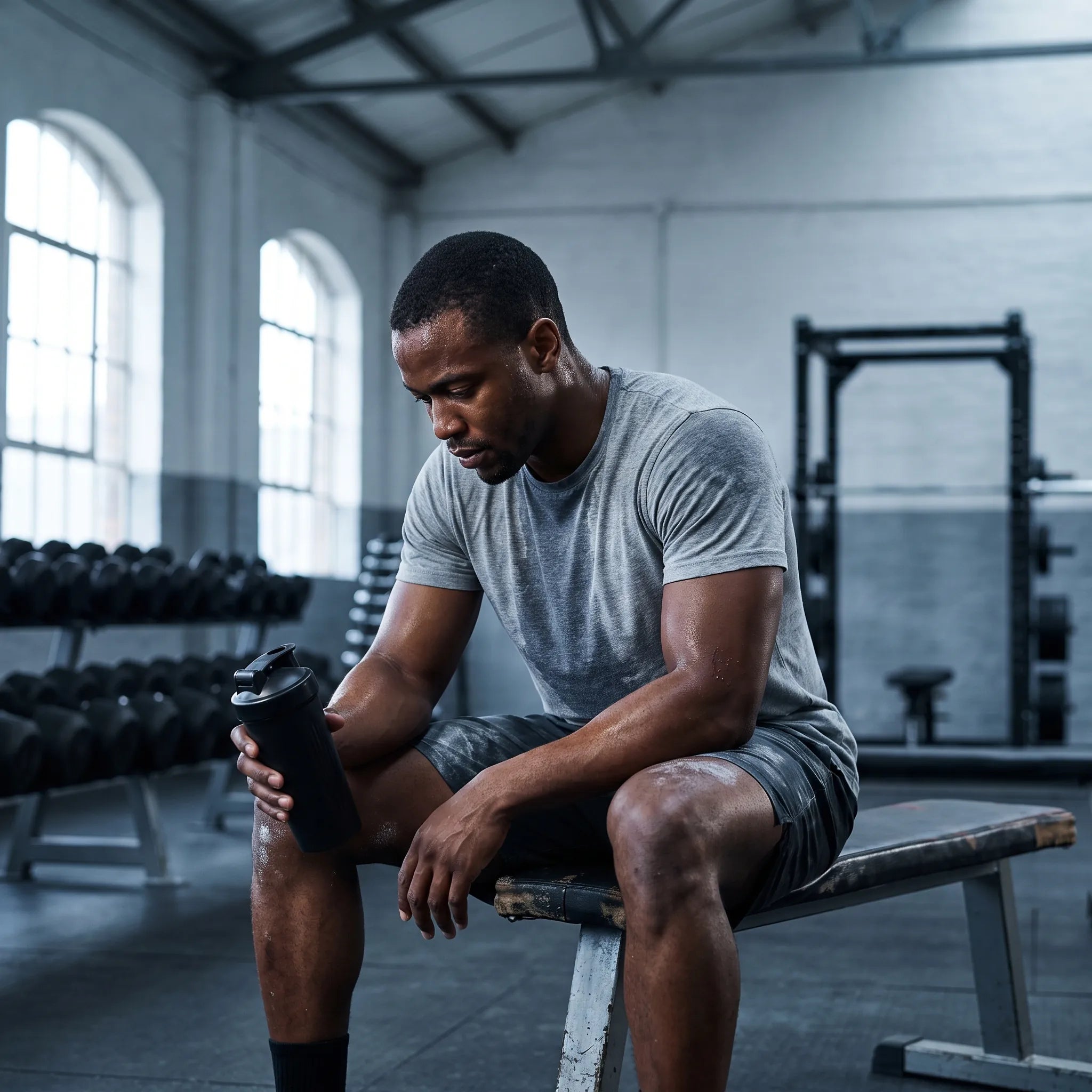 Lifter sitting on a gym bench between sets holding a shaker bottle, illustrating creatine side effects