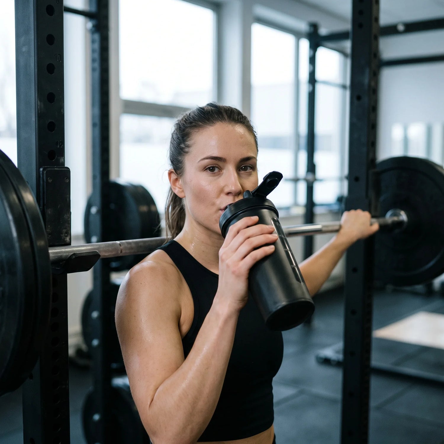 Woman at a squat rack drinking from a lidded protein shaker bottle between sets
