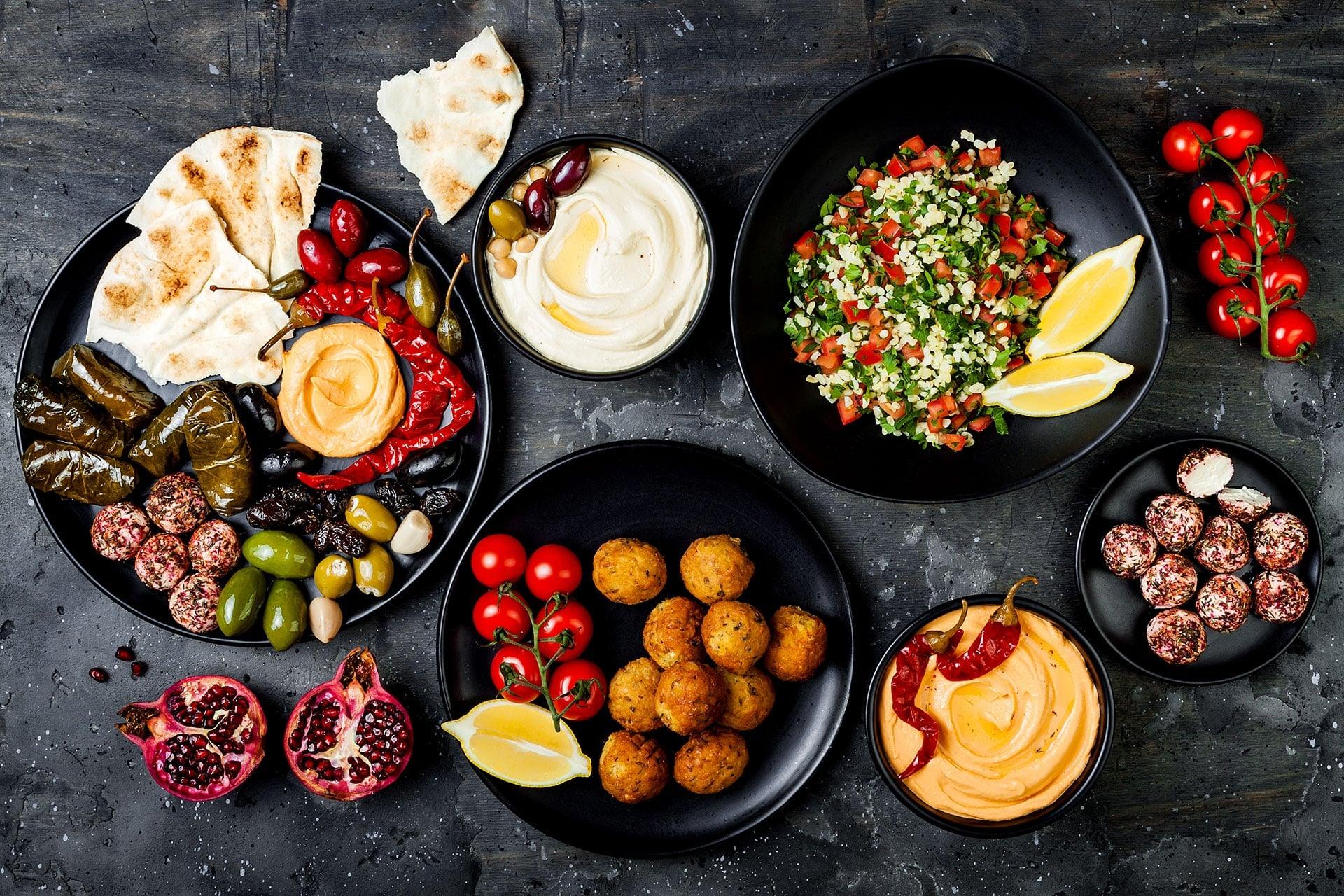 Overhead closeup of collection of Halal foods on tabletop