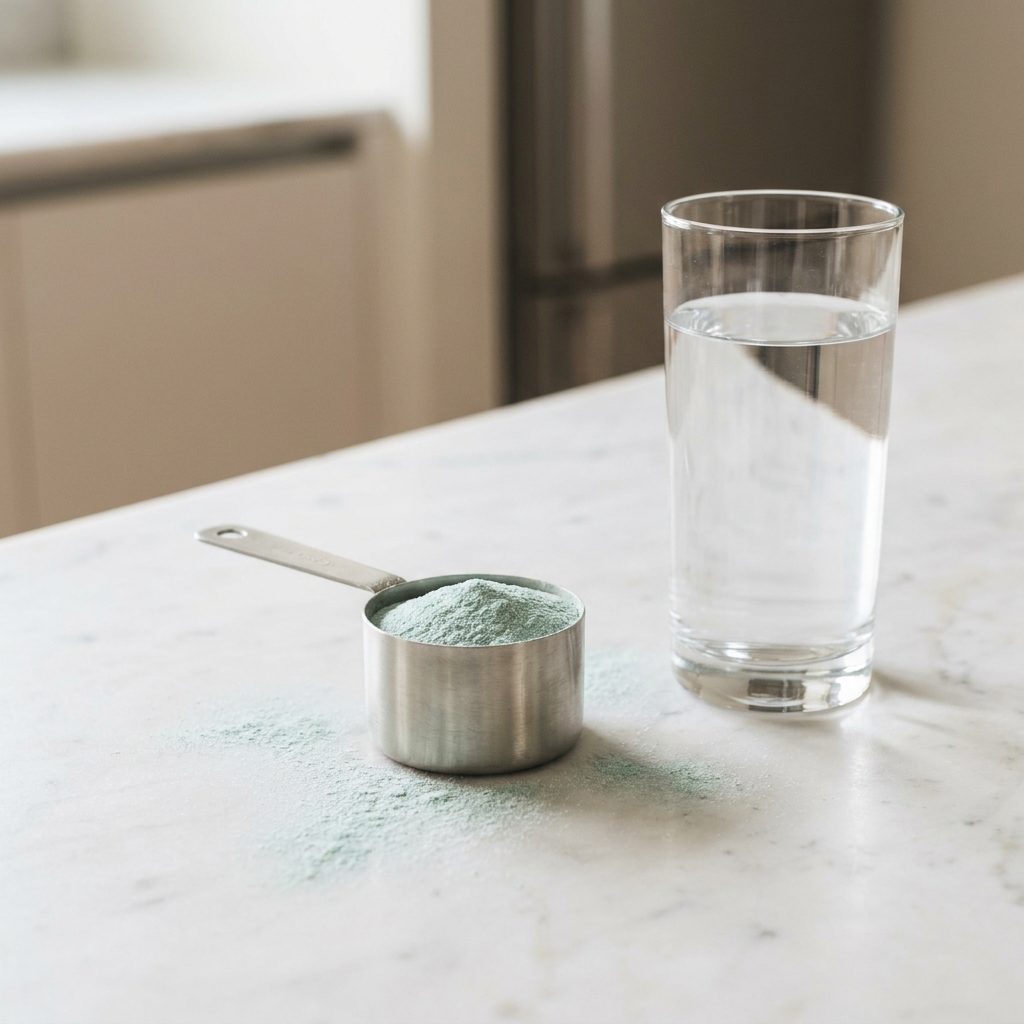 Scoop of pre-workout powder beside a glass of water on a kitchen counter