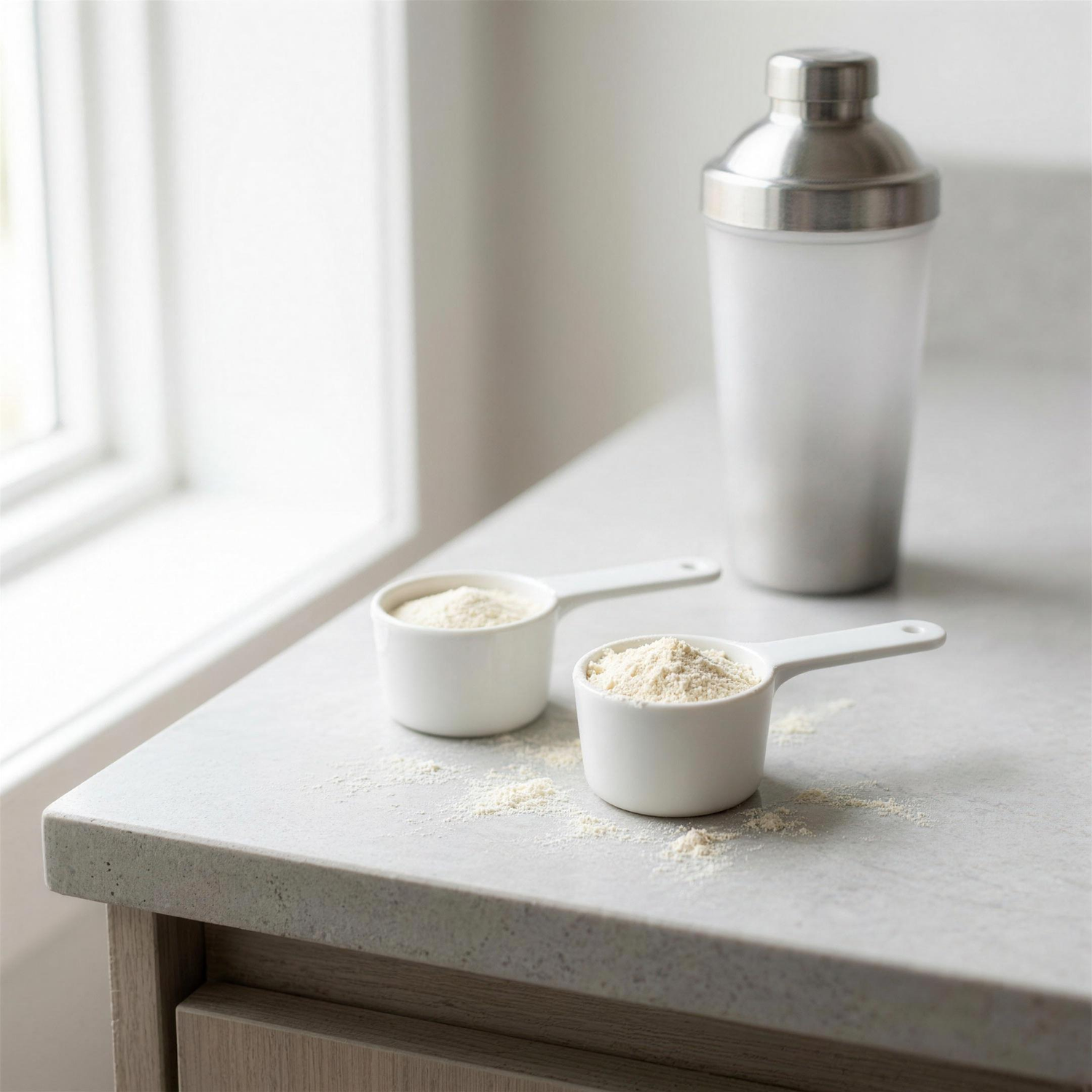 Whey isolate vs concentrate: two scoops of whey protein powder next to a shaker