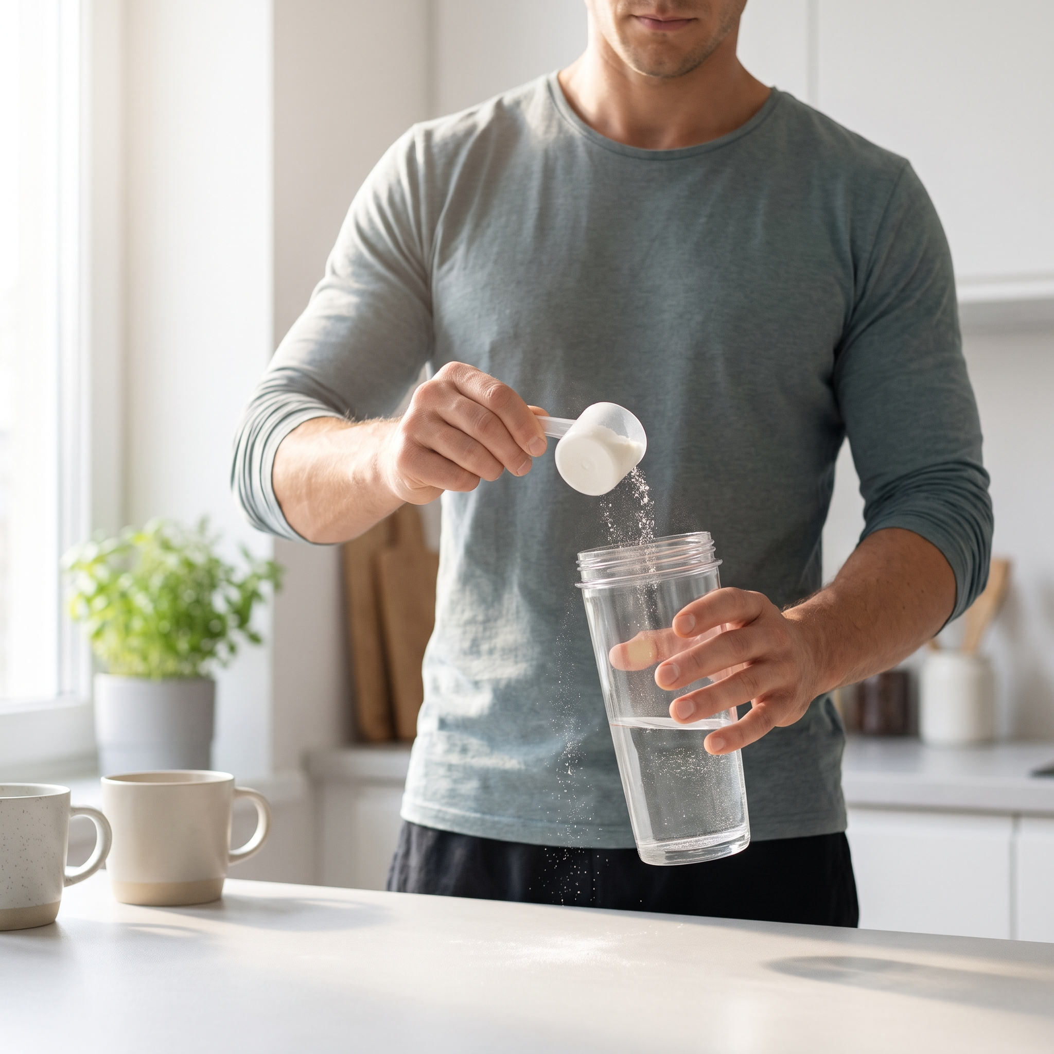 Person scooping creatine powder into a shaker of water, illustrating a creatine loading phase